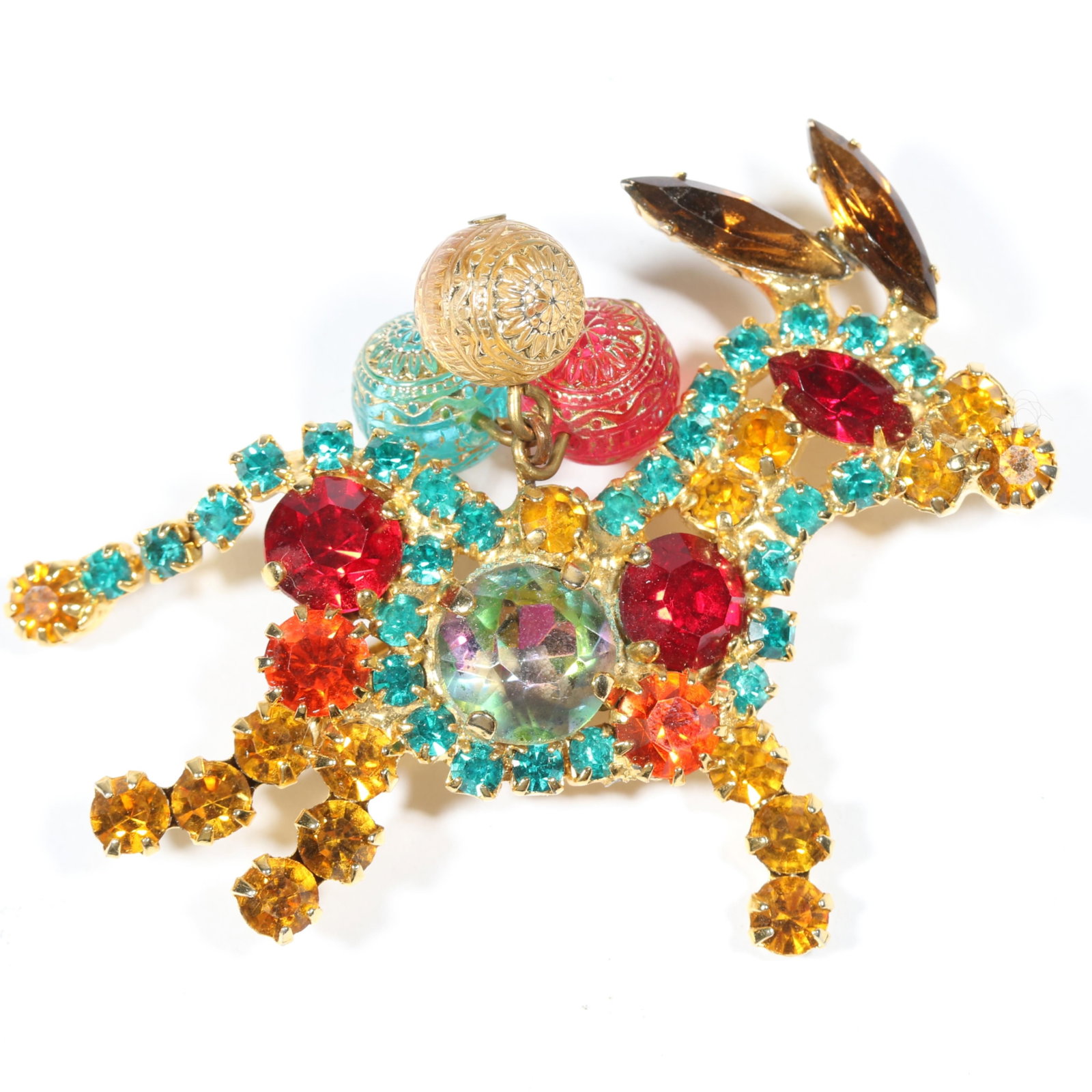 D & E Juliana rare multicolored rhinestone horse / donkey brooch with dangles 2"H x 2 1/2"W (1 of 6)