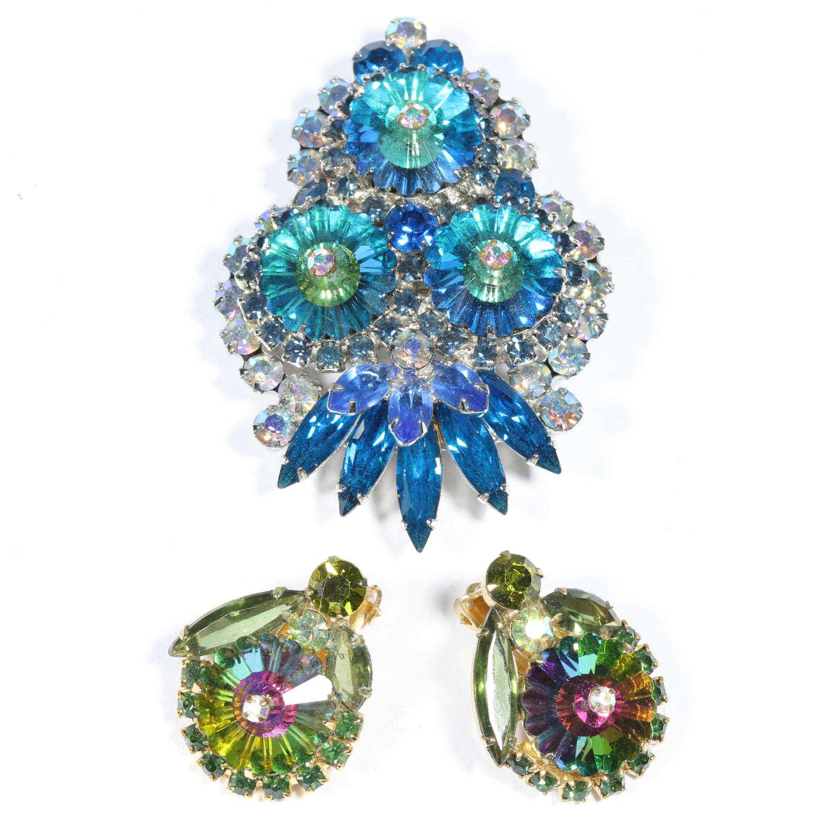 D & E Juliana margarita rhinestone 2pc group with blue brooch and watermelon earrings. 2 1/2"H x 1 (1 of 13)