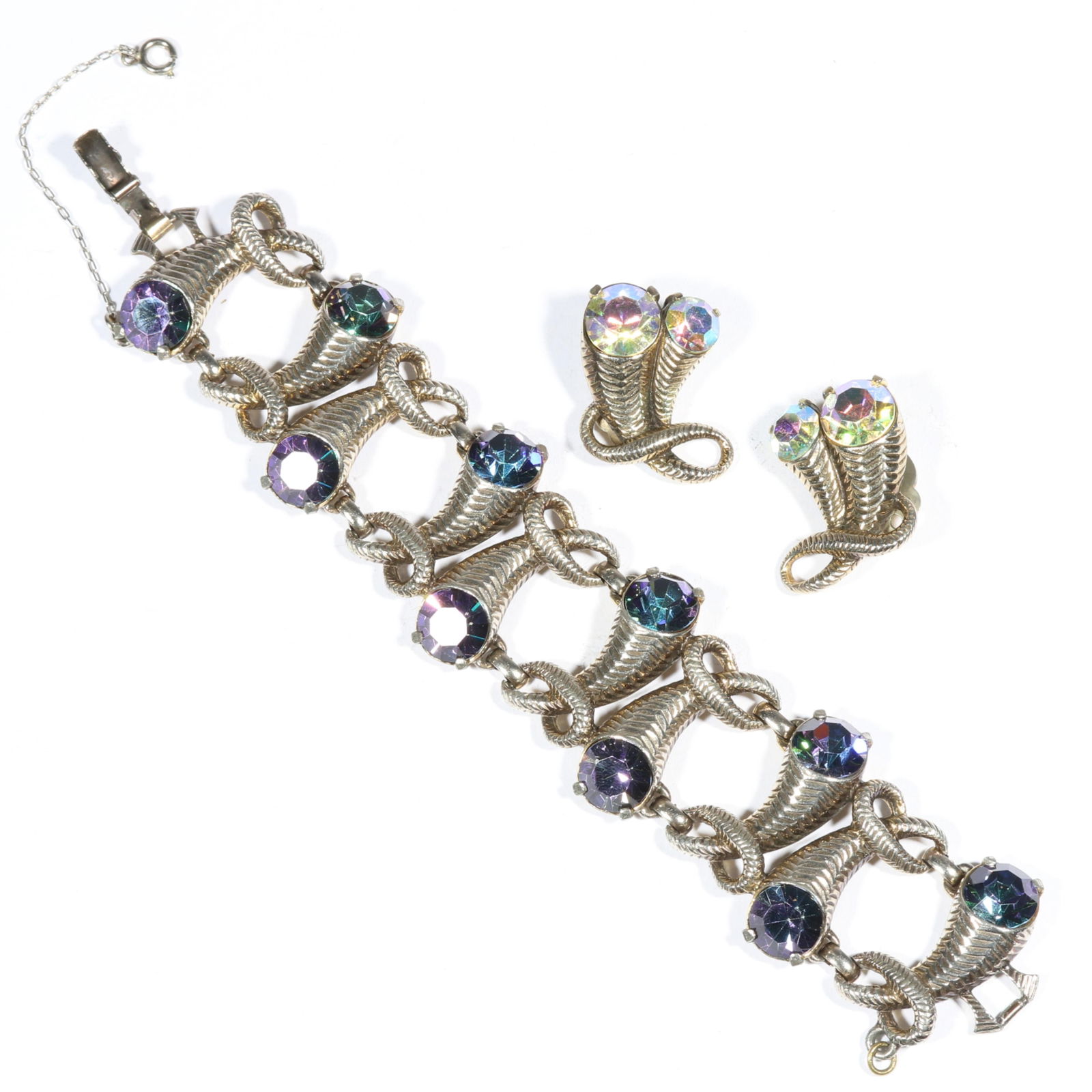 Schiaparelli aurora borealis bracelet and earrings 7 L x 1 3/8 W (Bracelet) (1 of 13)