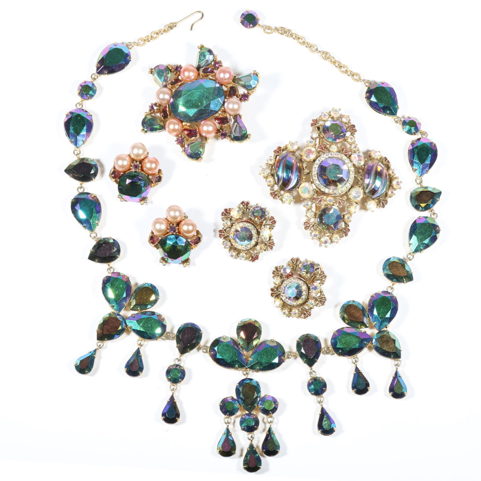 Vintage HAR and unsigned aurora borealis rhinestone crystal jewelry group with two HAR brooches and (1 of 20)