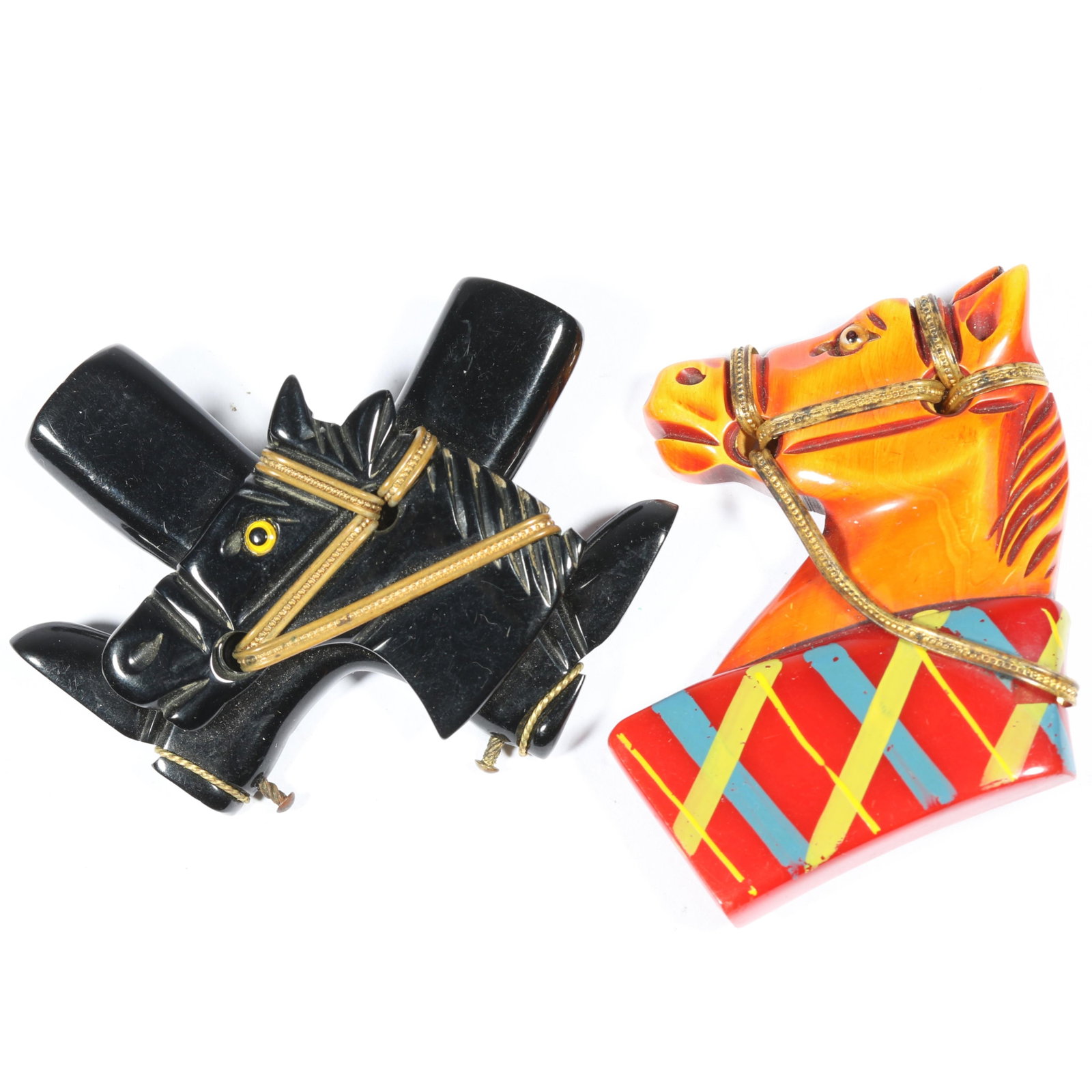 Vintage Bakelite horse equestrian Western brooches with applied brass details and glass eyes. 2 (1 of 10)