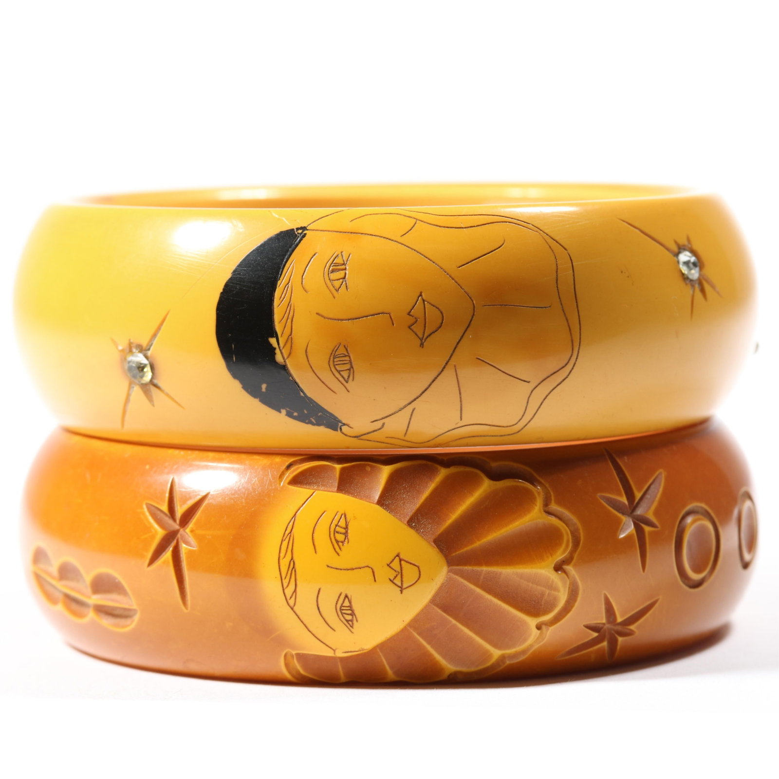 Pair of chunky carved and painted Art Deco French Bakelite / Galalith butterscotch Pierrot bangle (1 of 11)