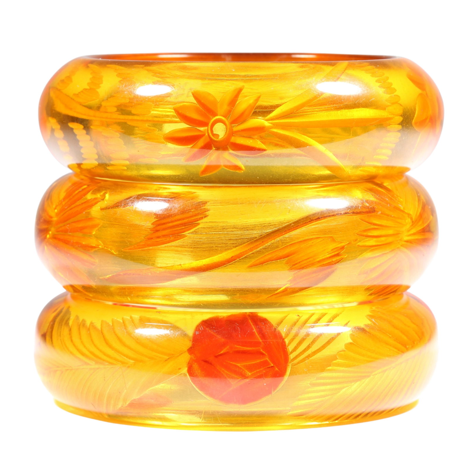 Vintage chunky apple juice Bakelite reverse carved and painted 3pc bangle bracelet stack. 2 1/2 (1 of 16)