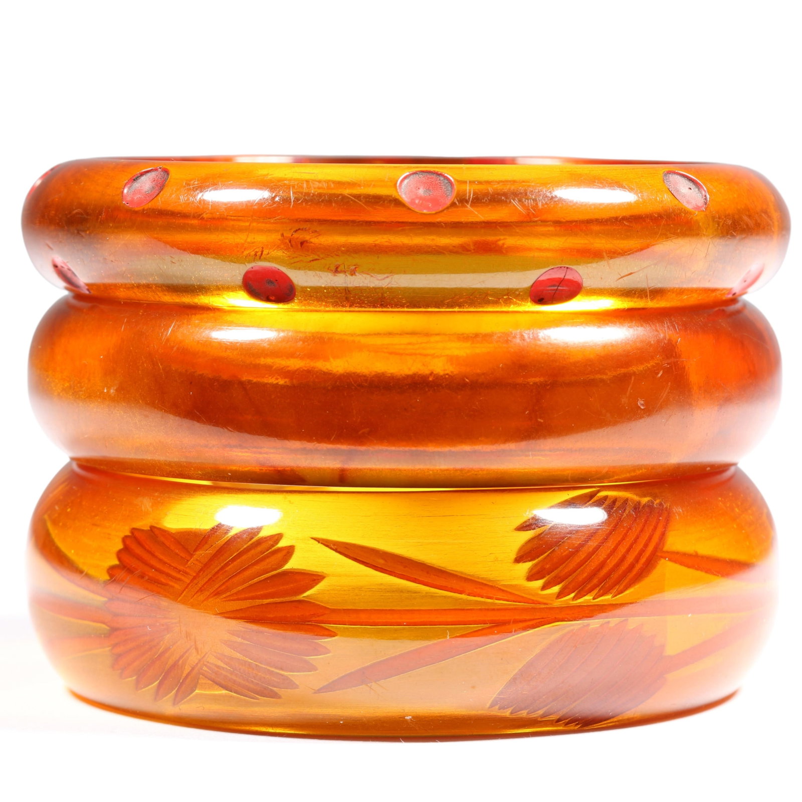 Vintage apple juice Bakelite 3pc bangle bracelet stack including reverse carved bangle, carved and (1 of 16)