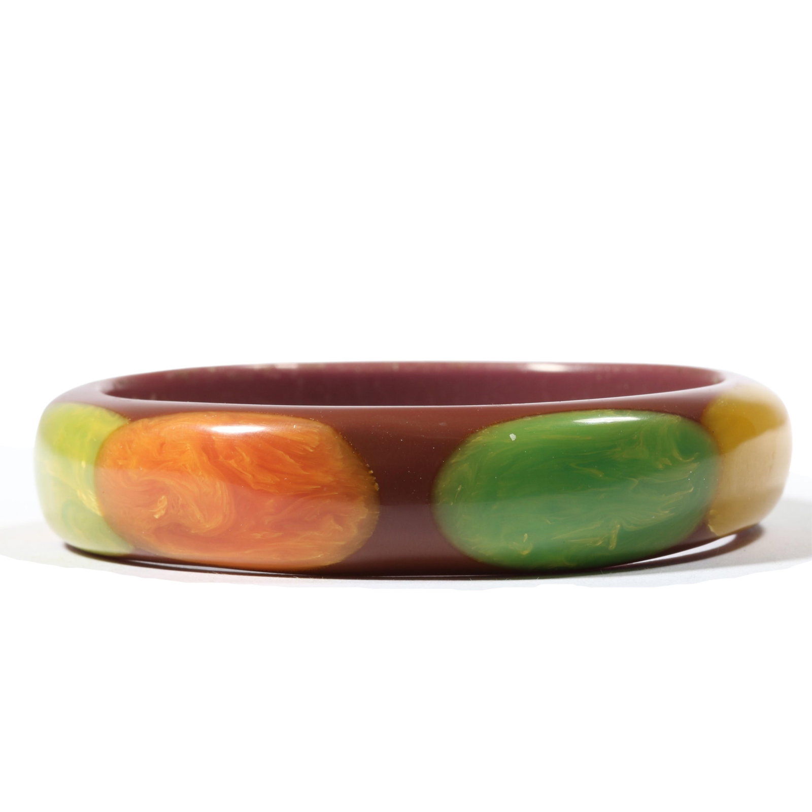Karen Kronimus artisan Bakelite bangle bracelet with marbled multi colored oblong dots 2 3/8" Inner (1 of 8)