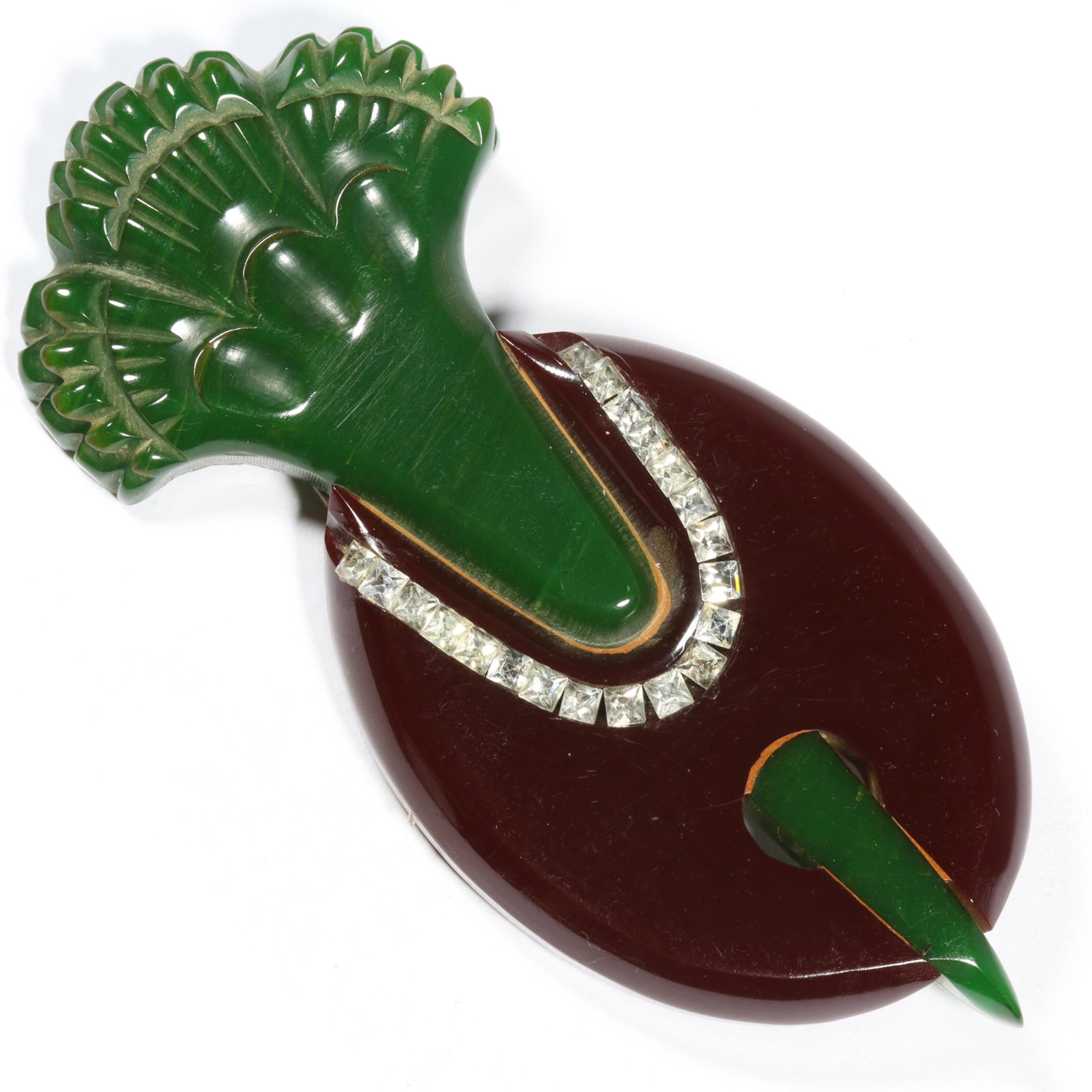 Large unusual Art Deco carved deep plum purple and green Bakelite brooch with rhinestone accents. 4: Large unusual Art Deco carved deep plum purple and green Bakelite brooch with rhinestone accents. 4 1/8" L x 1 7/8" W