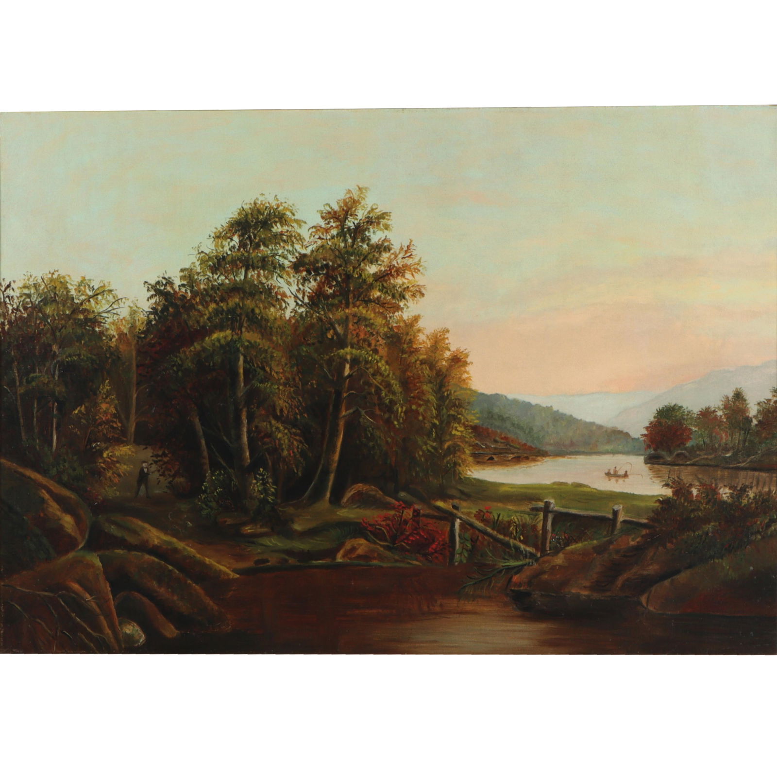 Antique American (Hudson River?) school (19th Century) primitive autumn landscape with figures (1 of 13)