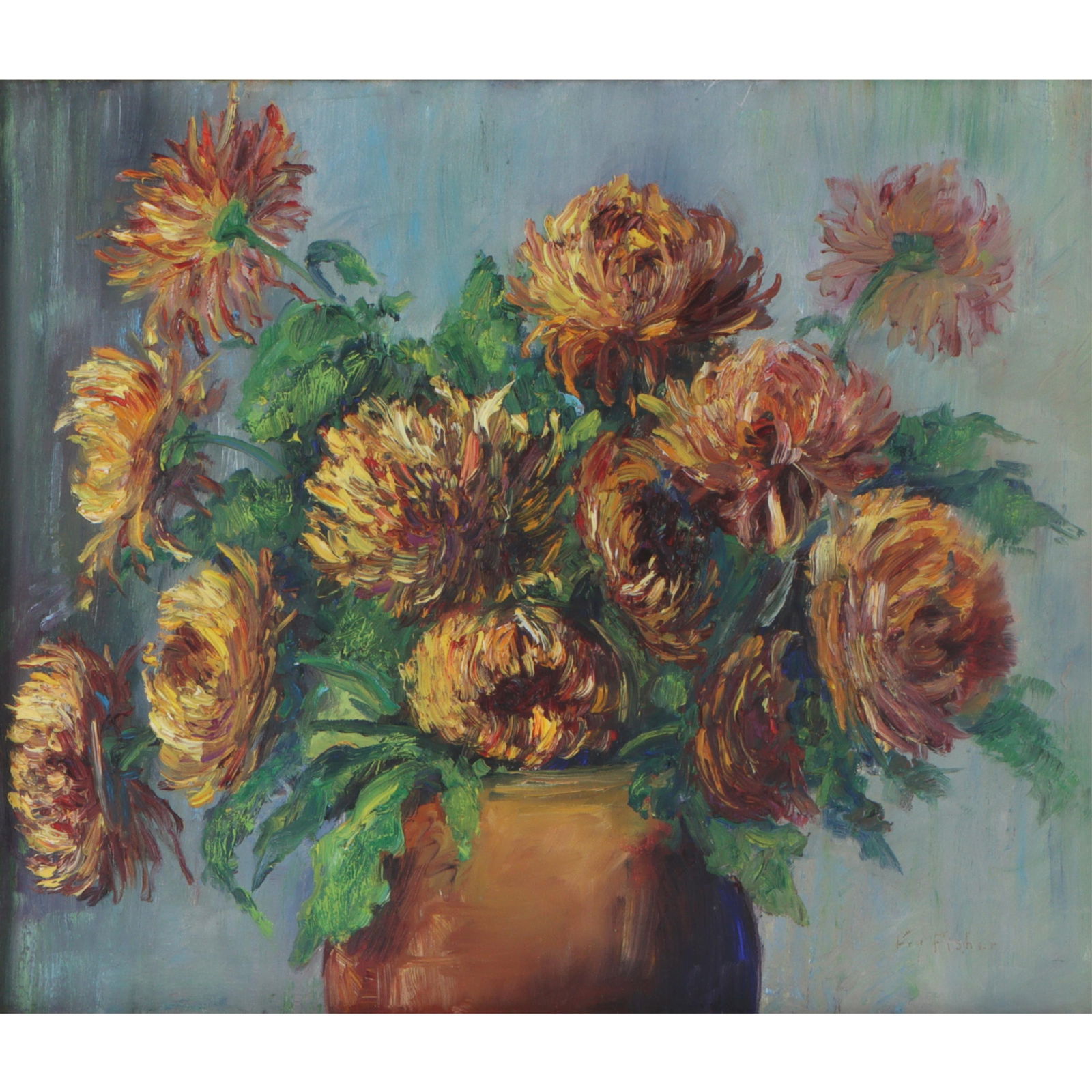 Lillie Fry Fisher, Indiana / Ohio (b.1863), Chrysanthemums in a Vase, floral still life, oil on: Lillie Fry Fisher Indiana / Ohio (b.1863) Chrysanthemums in a Vase floral still life, oil on canvas signed lower right. Biography from the Archives of askART: Lillie Fry Fisher was born in Monticello,