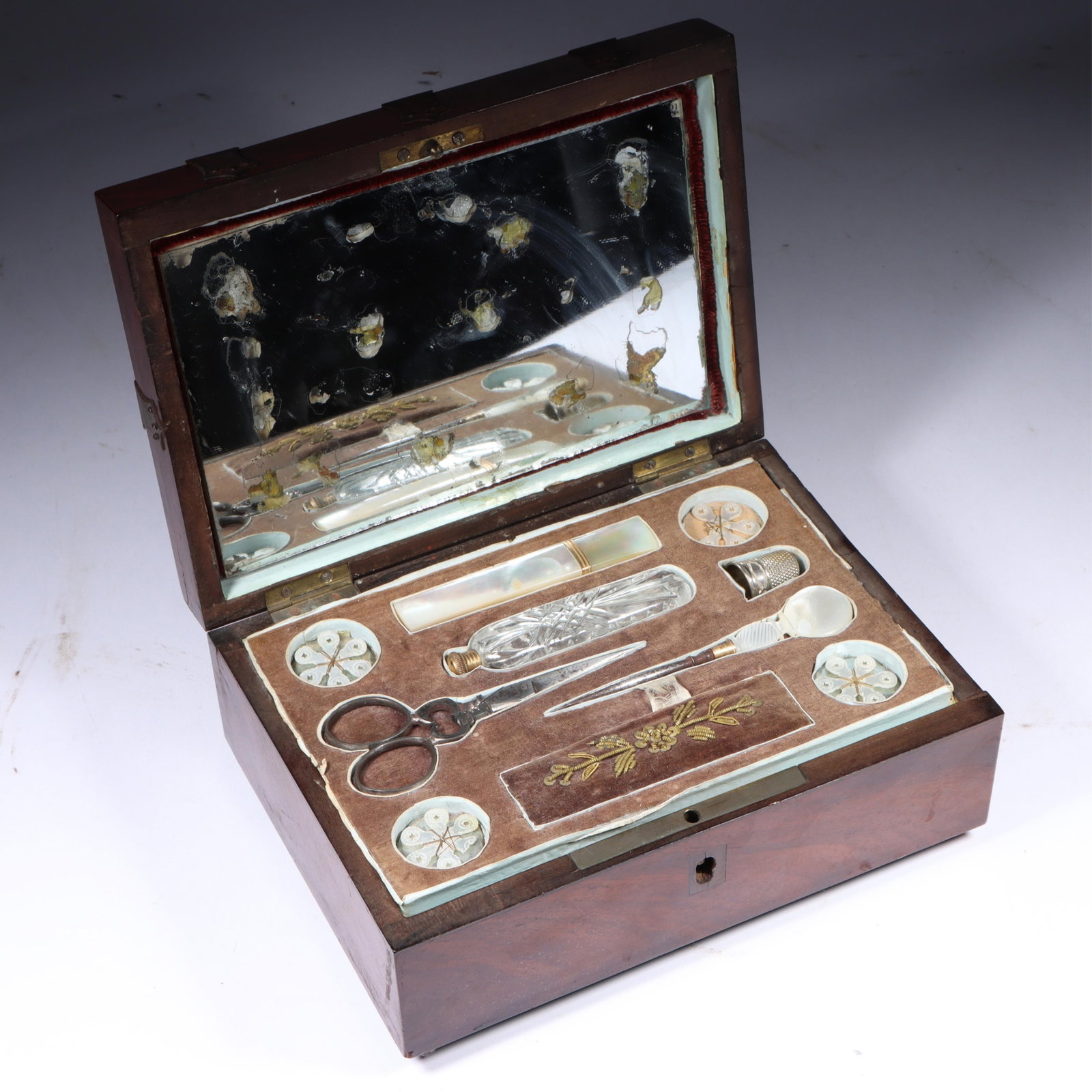 Antique etui box / case / chest with mother of pearl sewing notions in custom fitted compartments, (1 of 15)