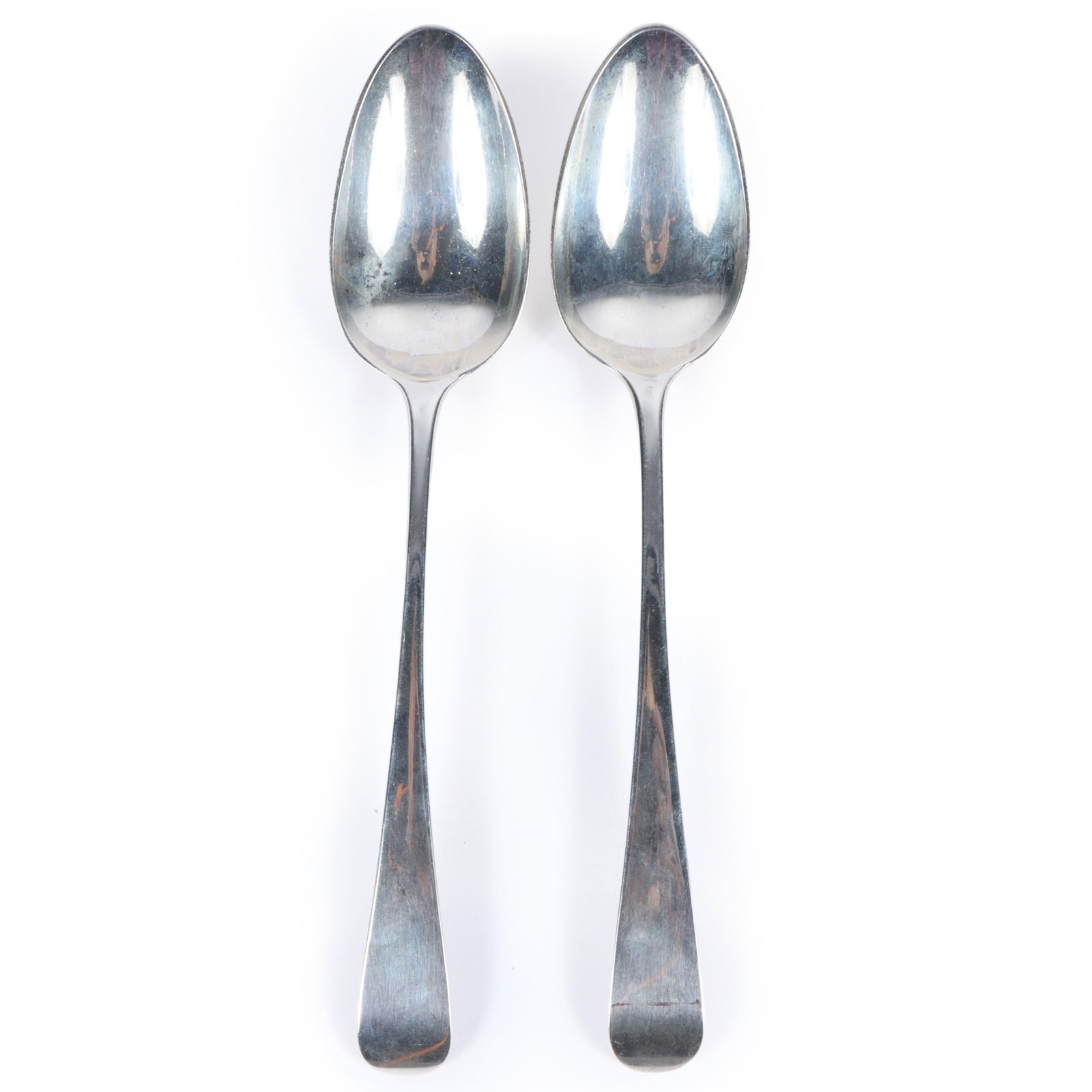Pair of English Georgian sterling silver serving spoons; hallmarks for Peter, Ann, & William (1 of 6)