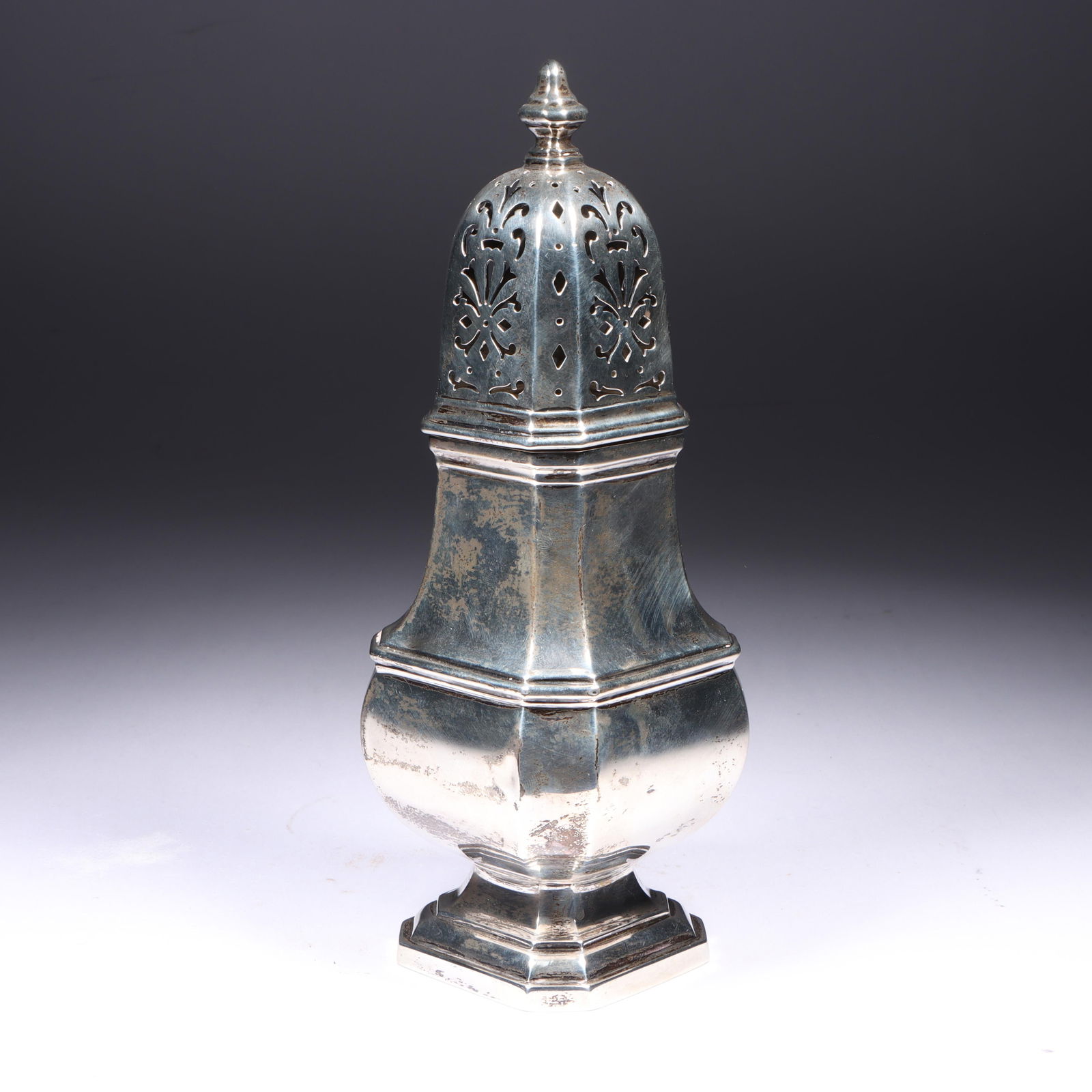 Antique English Sheffield sterling silver muffineer shaker. Hallmarks for Walker & Hall, late 19th (1 of 11)