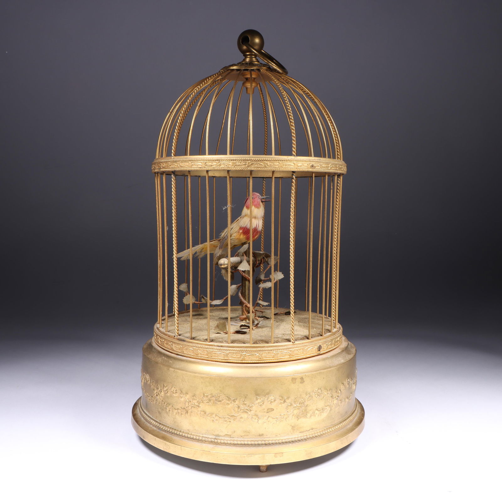 German wind up automaton bird in cage clockwork music box. 11 1/2"H x 7 1/4"Diam. (1 of 13)