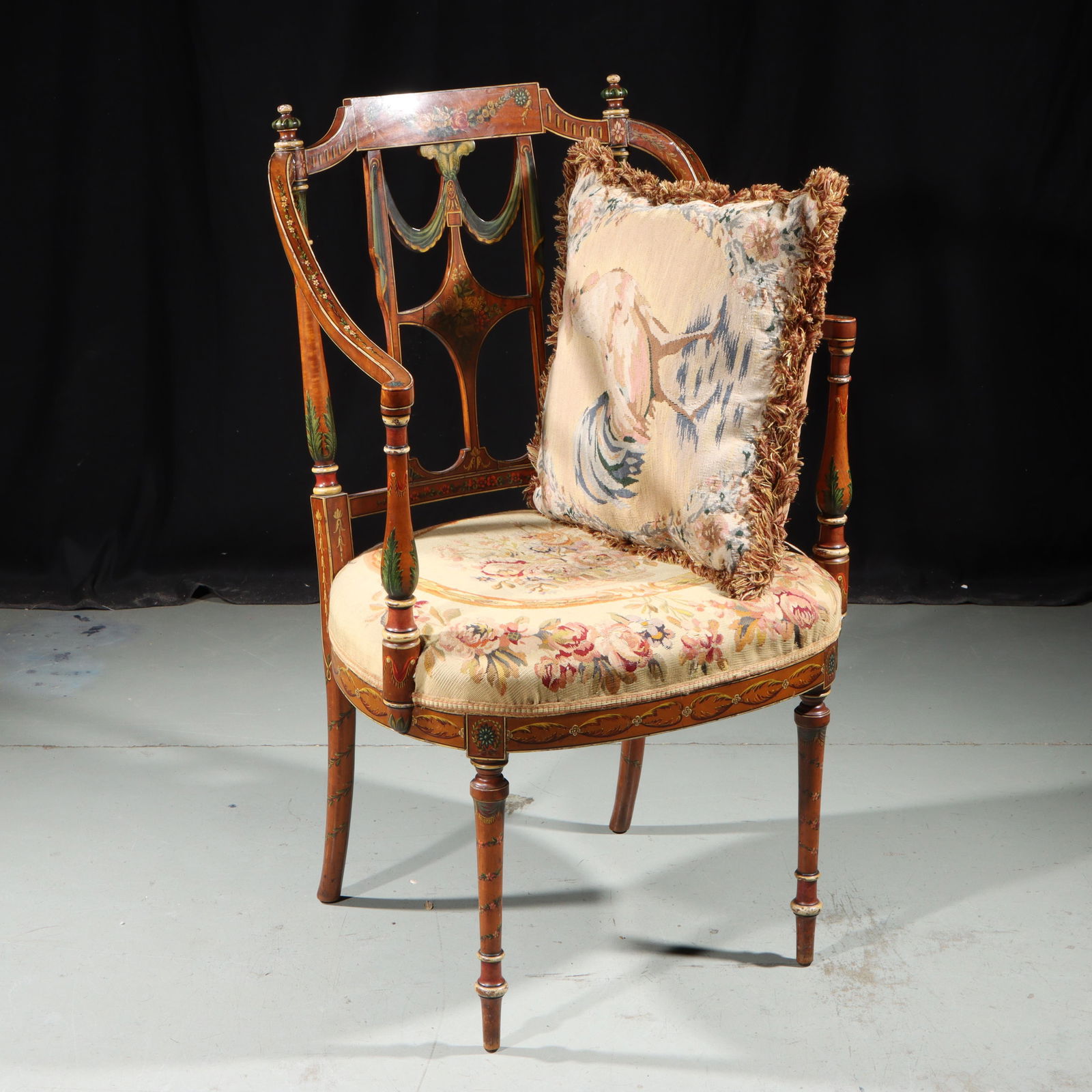 Antique 19th Century English Sheraton armchair featuring elaborate hand-painted wooden frame and (1 of 19)