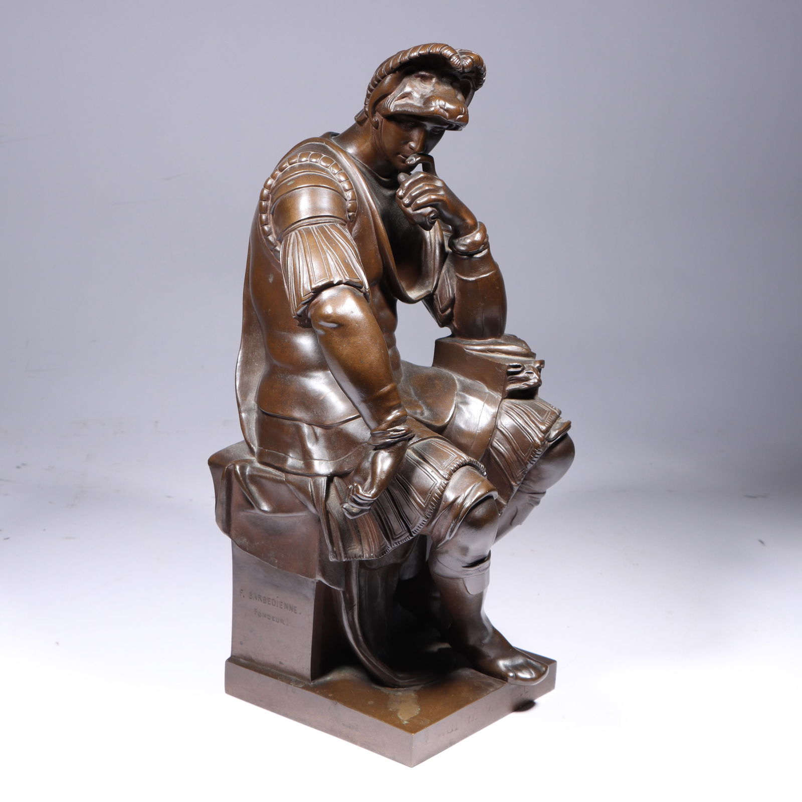 After Michelangelo, Lorenzo de Medici, bronze statue of a warrior, 14 1/2"H x 7 1/4"W x 7"D (1 of 19)