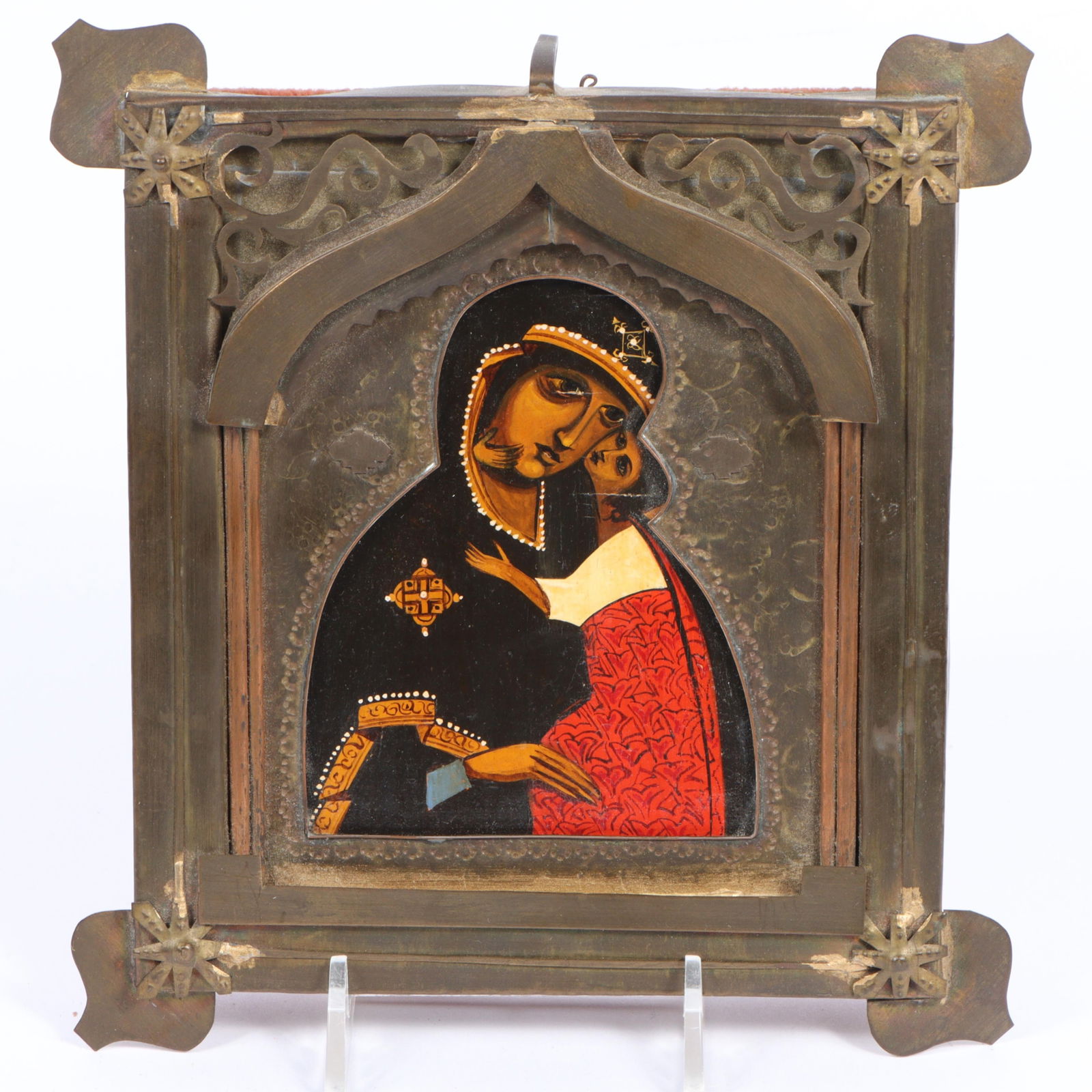 Greek Our Lady Theotokos of Vladimir, Madonna and child icon, Sofia, Bulgaria School. 7 1/2"H x 7"W: Greek Our Lady Theotokos of Vladimir, Madonna and child icon, Sofia, Bulgaria School. Overlaid with metal riza. 7 1/2"H x 7"W