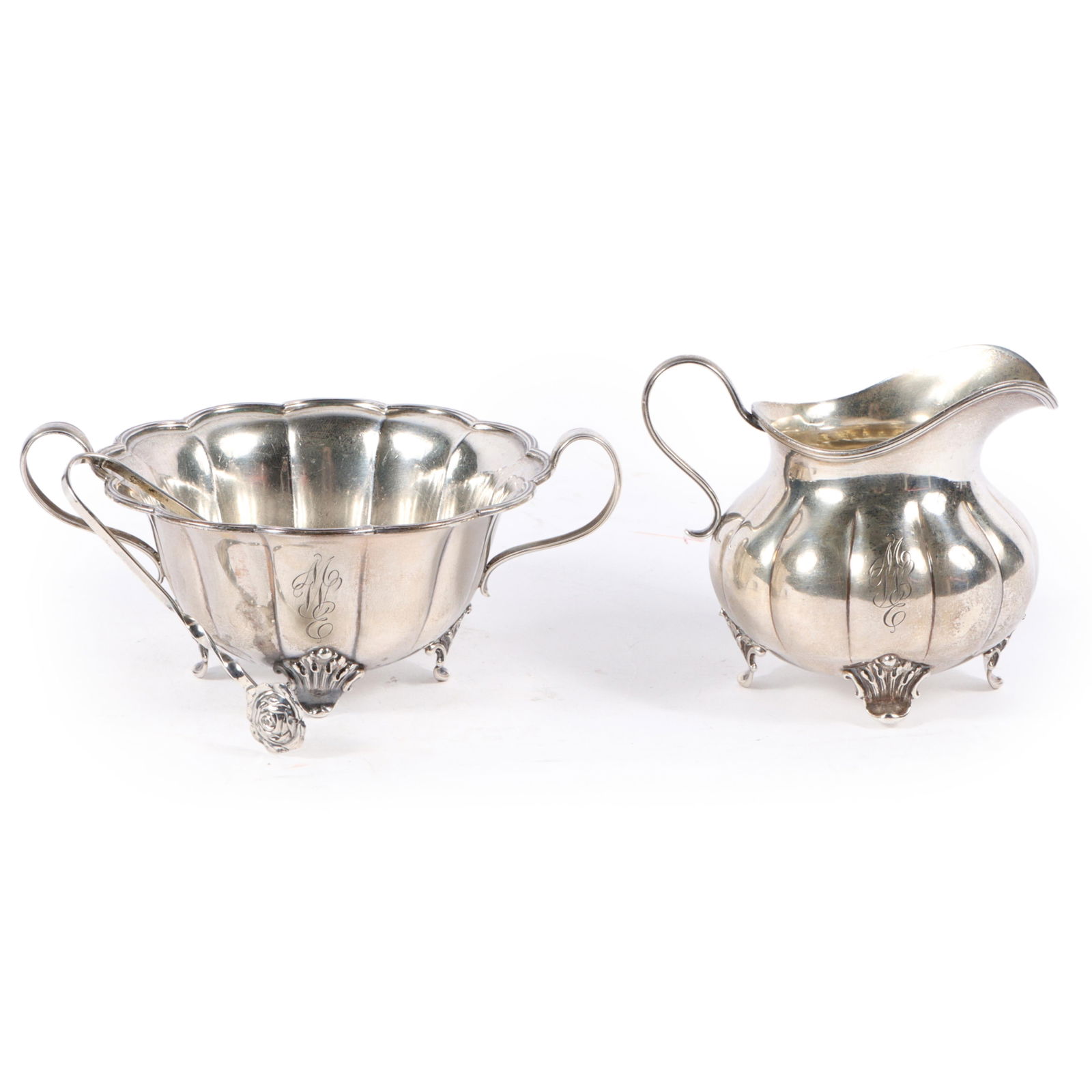 Whiting American sterling silver lobed cream and sugar with tongs, monogrammed MWE, 6.913 ozt. 5 (1 of 11)