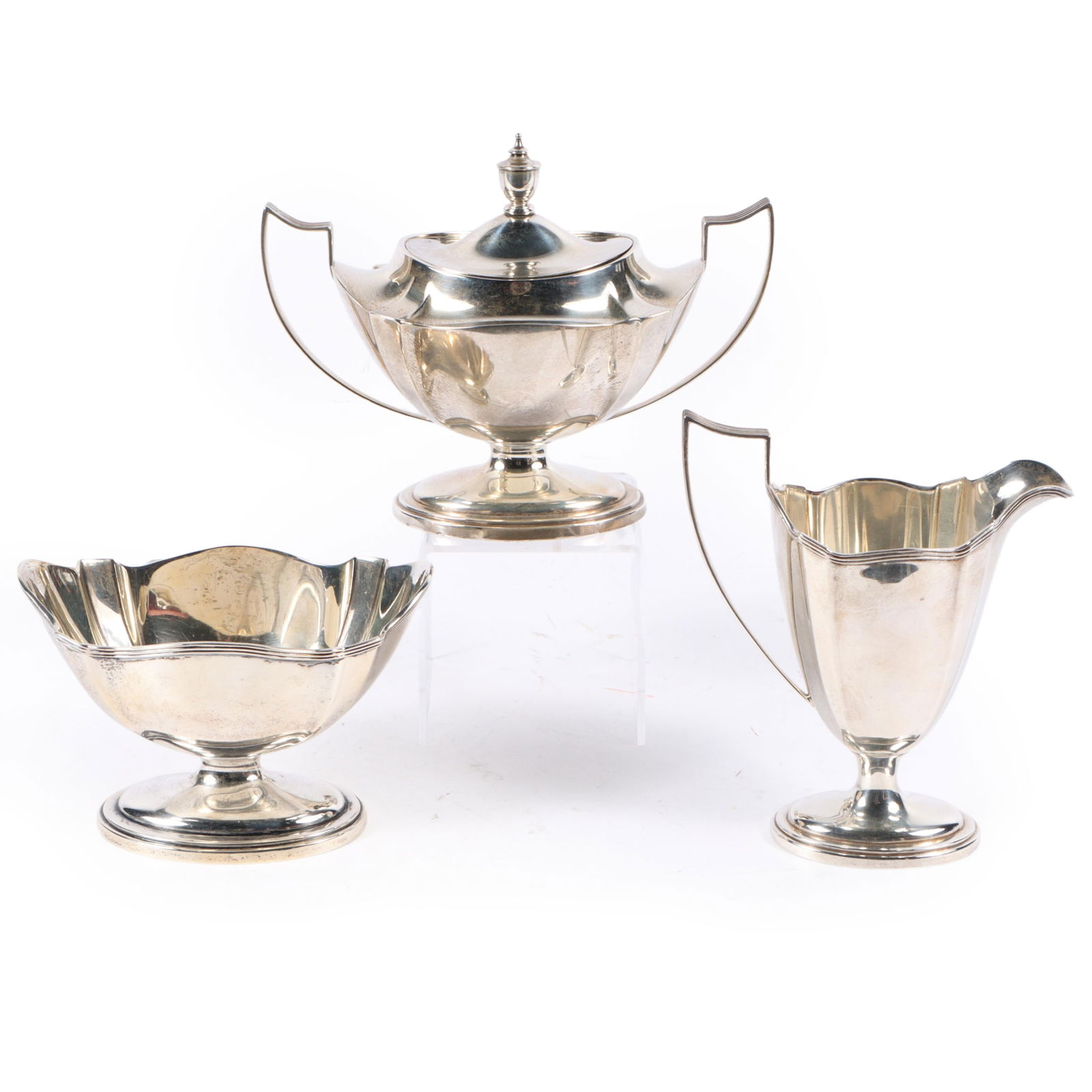 Gorham Plymouth sterling silver partial tea/coffee service, 3pc: lidded sugar bowl, creamer, waste (1 of 14)