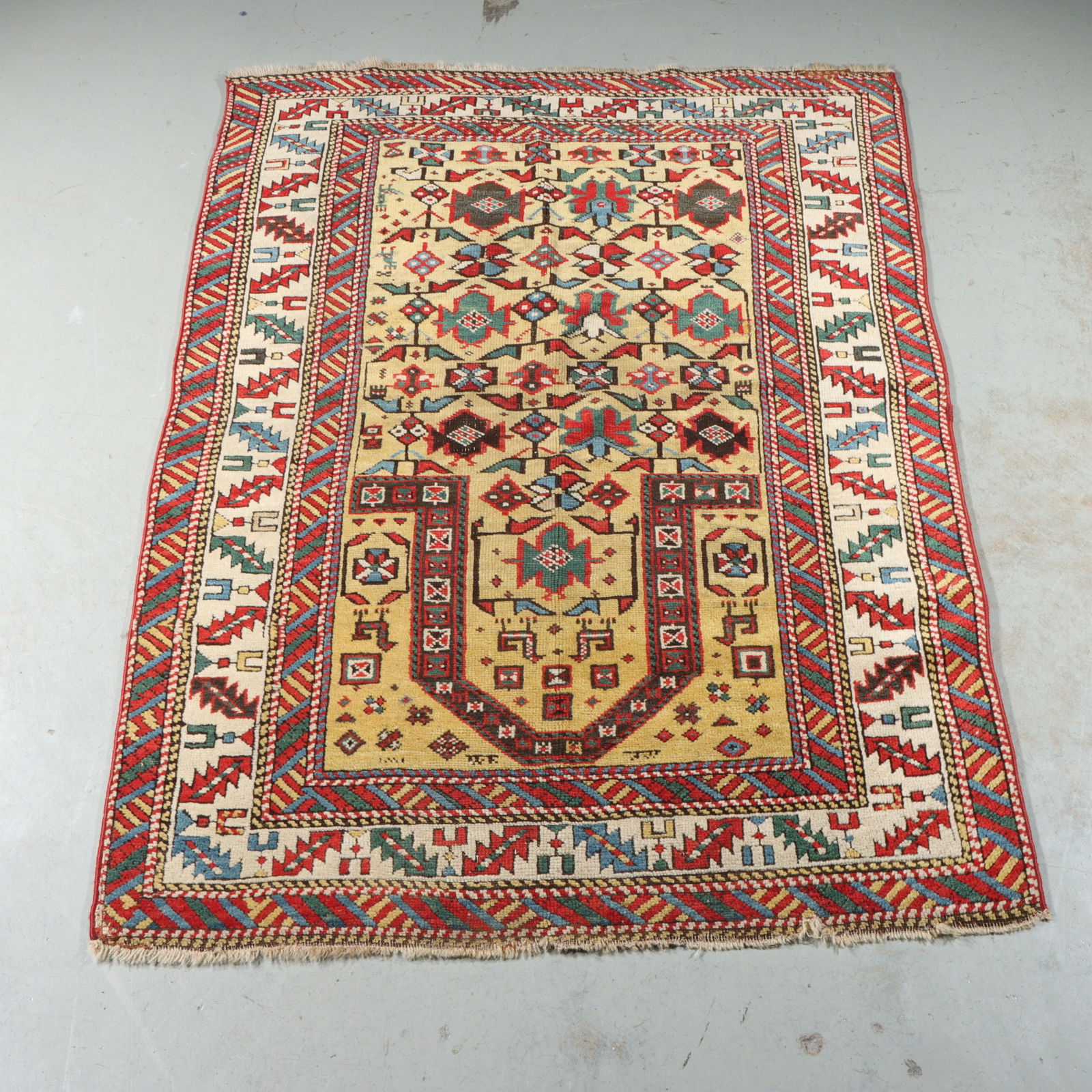 Antique yellow field Kuba/Shirvan Caucasian estate prayer rug / carpet. 35 1/2?H x 48 1/2?W (1 of 10)