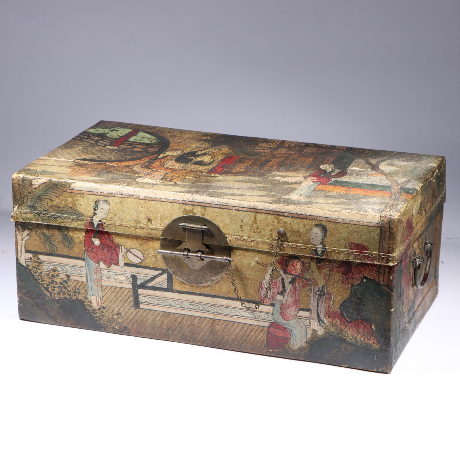 Antique 19th Century Asian hand painted pigskin hide covered box with figures in scenic interior. 7 (1 of 19)
