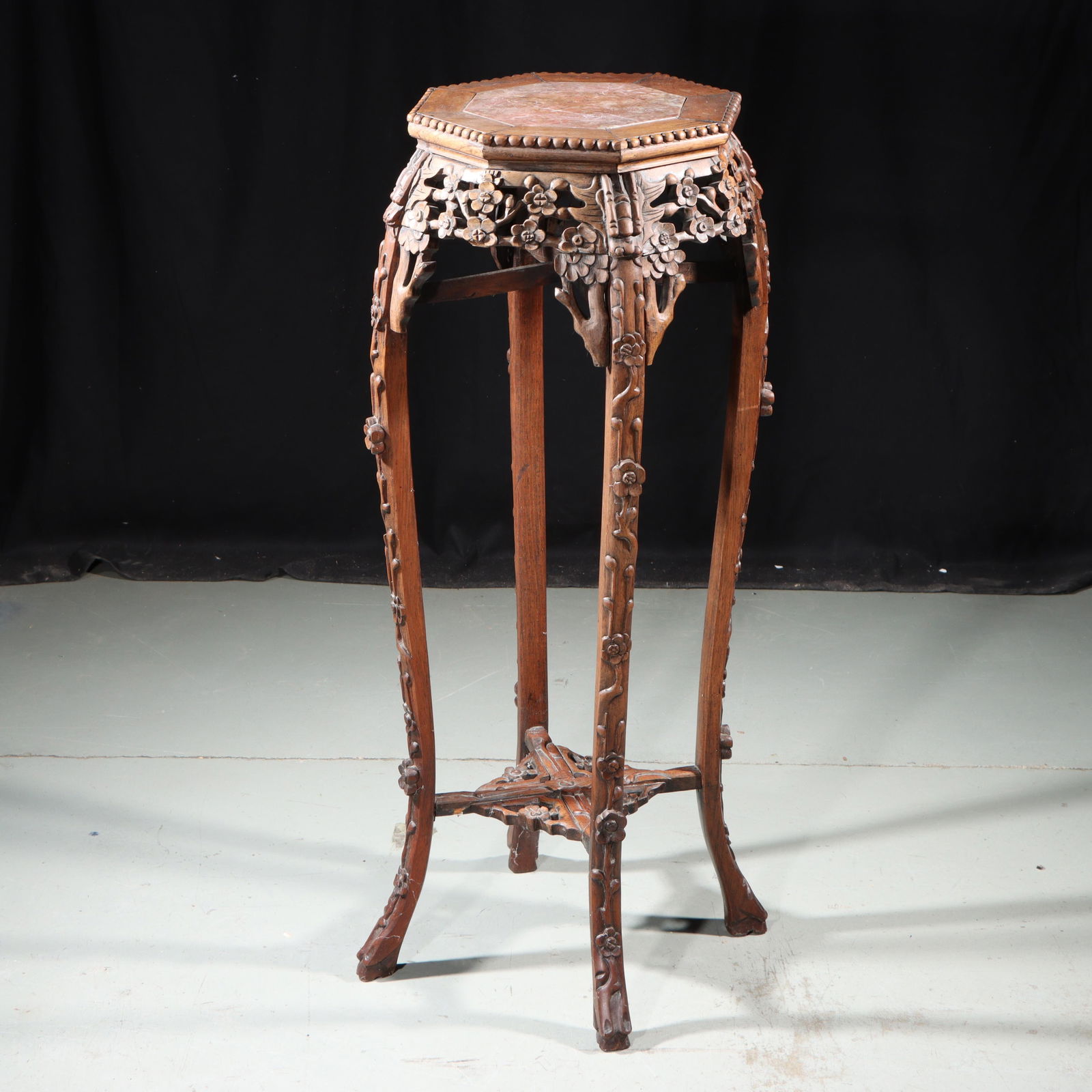 Antique Chinese vining floral profusely carved hardwood plant stand with octagonal marble top 36: Antique Chinese vining floral profusely carved hardwood plant stand with octagonal marble top 36 1/4"H x 15 1/2"W
