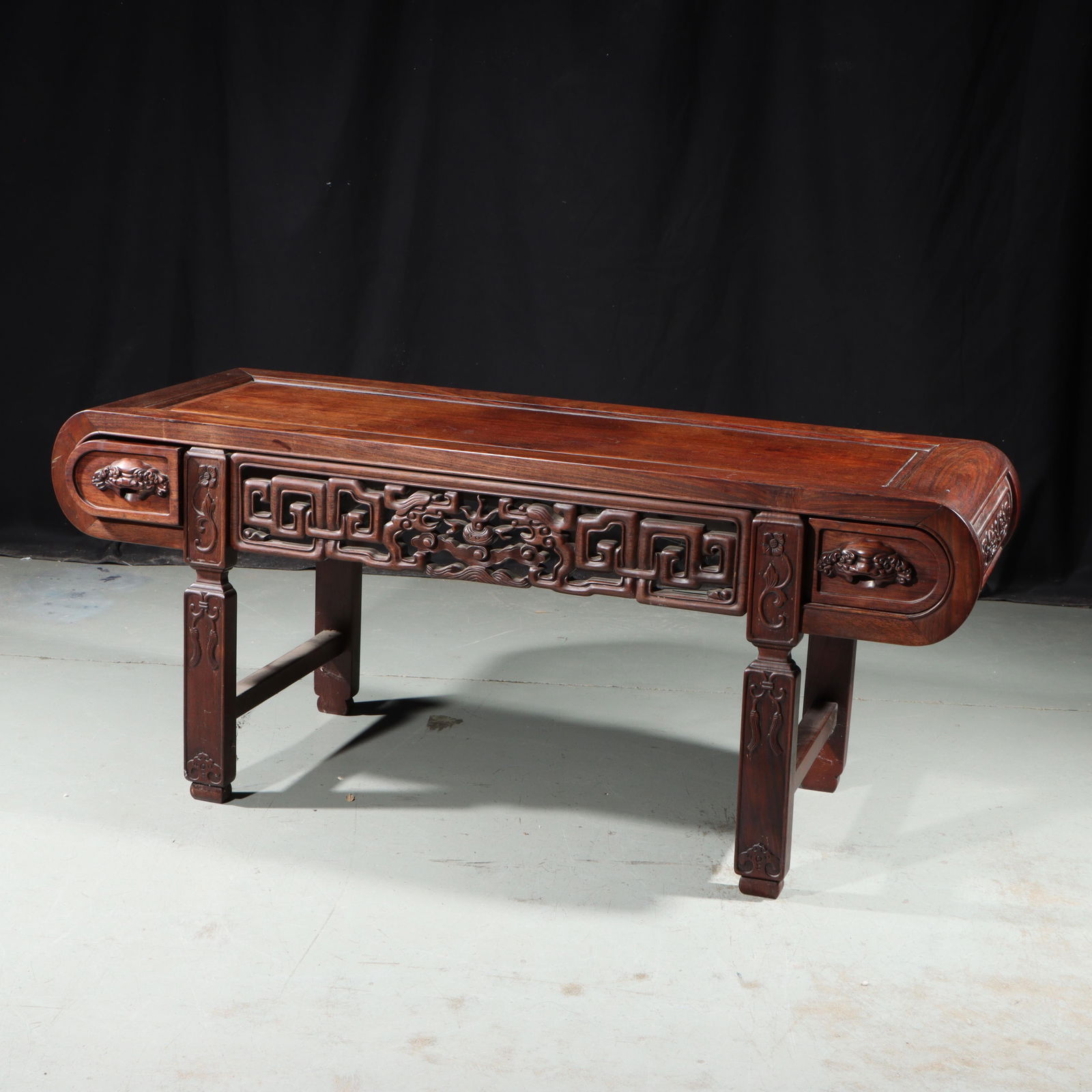 Antique Chinese carved hardwood Hongmu altar table with rounded drawers and reticulated dragon motif (1 of 15)
