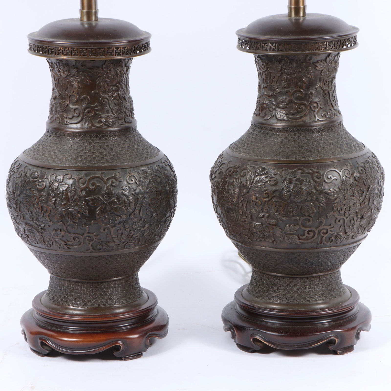 Pair Marbro Chinoiserie bronze Chinese archaic style vase table lamps with floral motif 35 1/2"H x (1 of 19)
