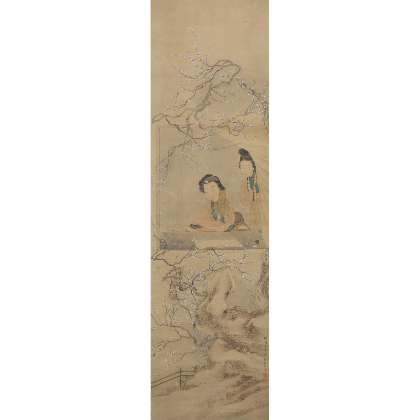 Rushi Liu, Chinese (1618 - 1664), Court Ladies in a Landscape, hand painted silk scroll, 48"H x 13 (1 of 15)