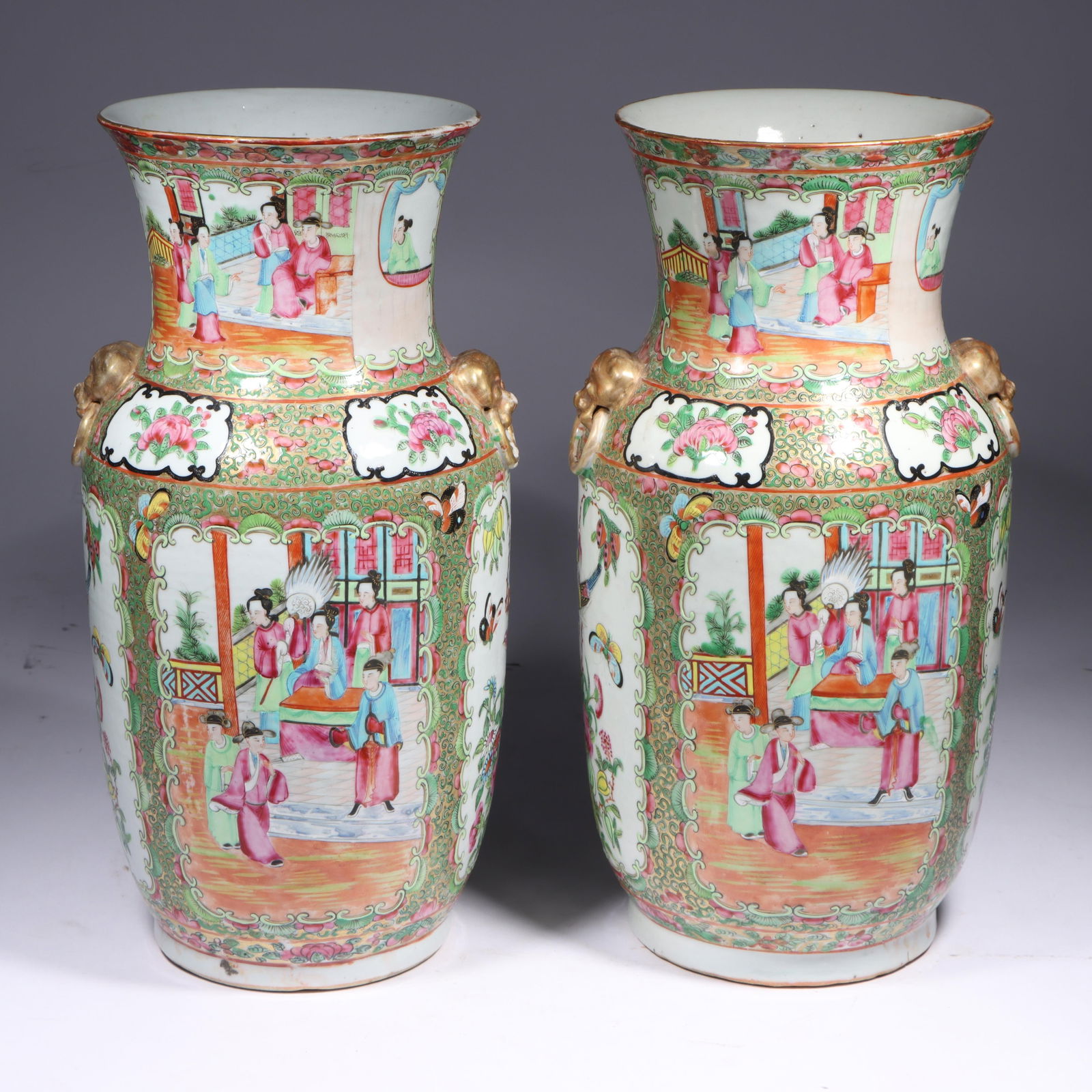 Pair Chinese Export famille rose canton rose medallion porcelain vases with gilt lion and ring (1 of 19)