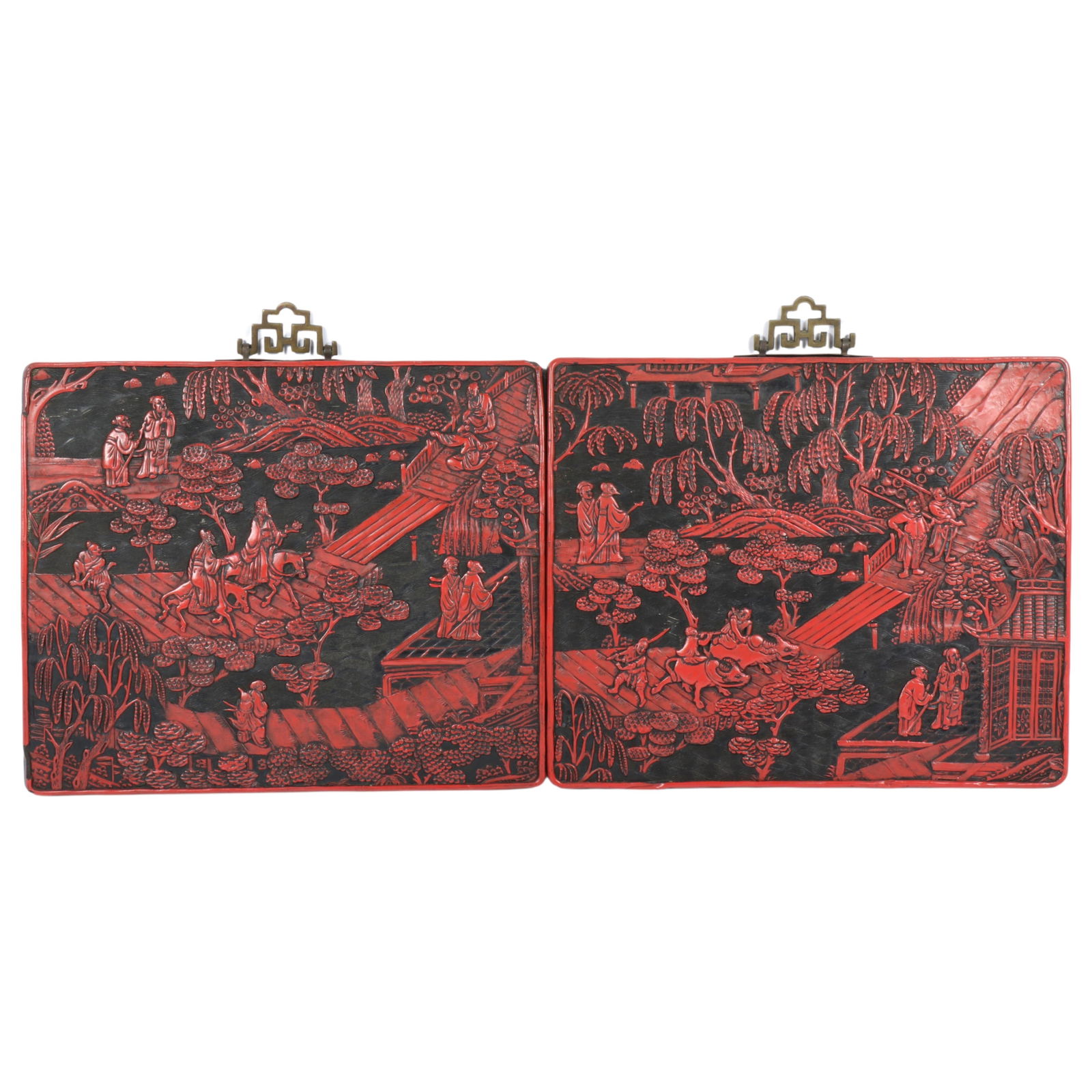 Pair of antique Chinese cinnabar lacquer plaques with carved figures in scenic courtyard landscape. (1 of 15)