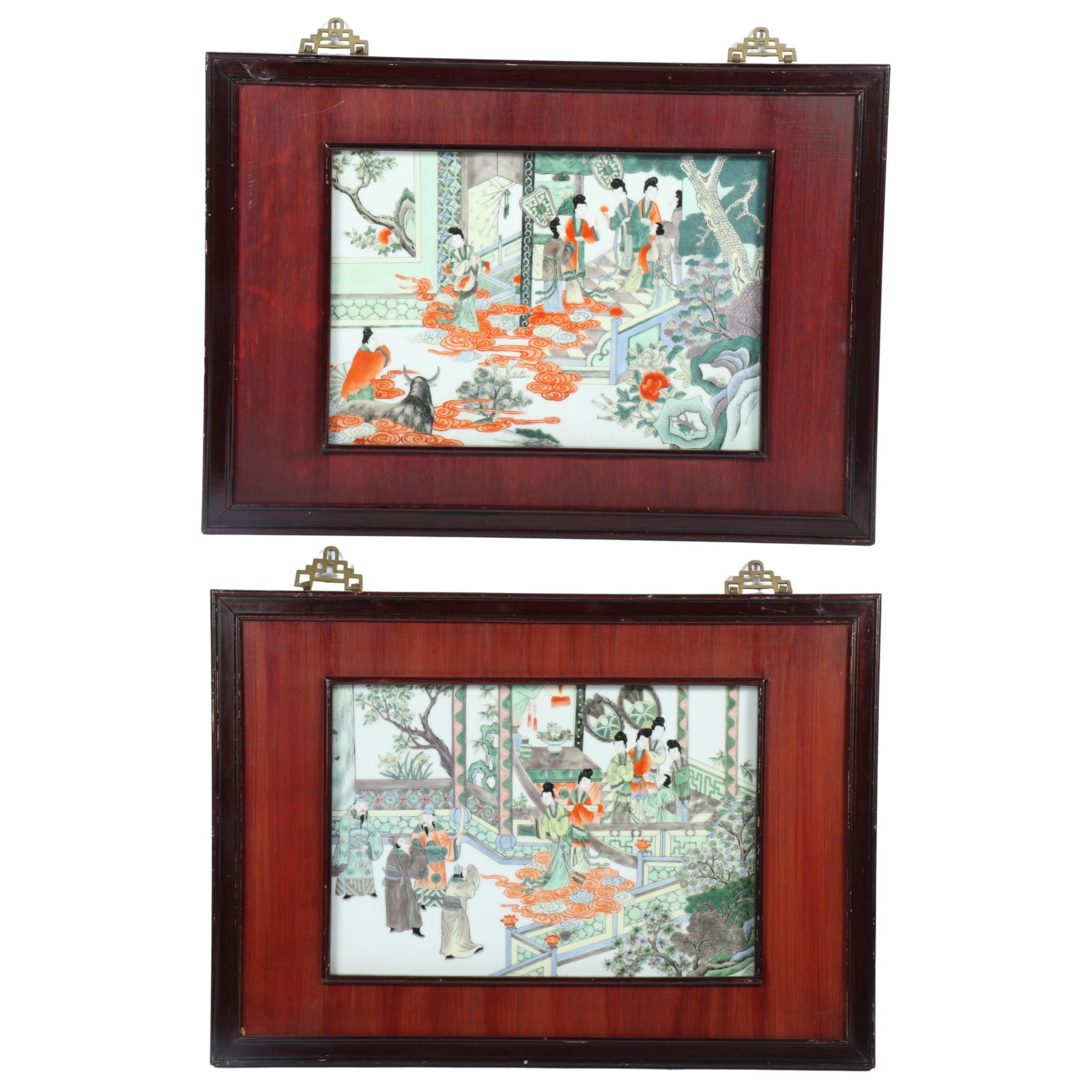 Pair of Chinese export hand-enameled porcelain plaques featuring court scenes in famille rose (1 of 18)