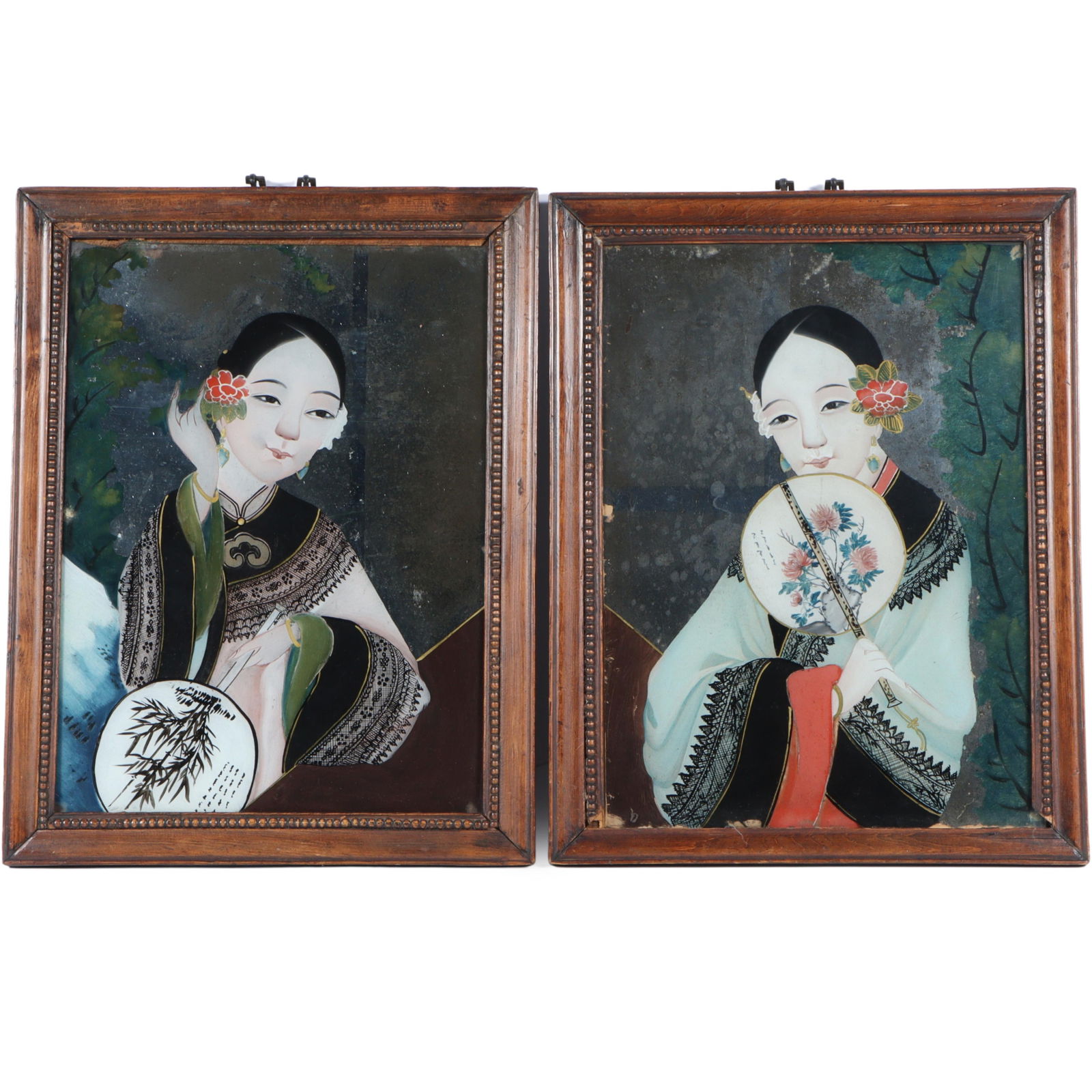 Chinese export eglomise reverse painted glass young maidens with fans portraits. 15 3/4"H x 11: Chinese export eglomise reverse painted glass young maidens with fans portraits. 15 3/4"H x 11 1/4"W(sight), 18"H x 14 1/4"W(frame) - one mirror measured; same size