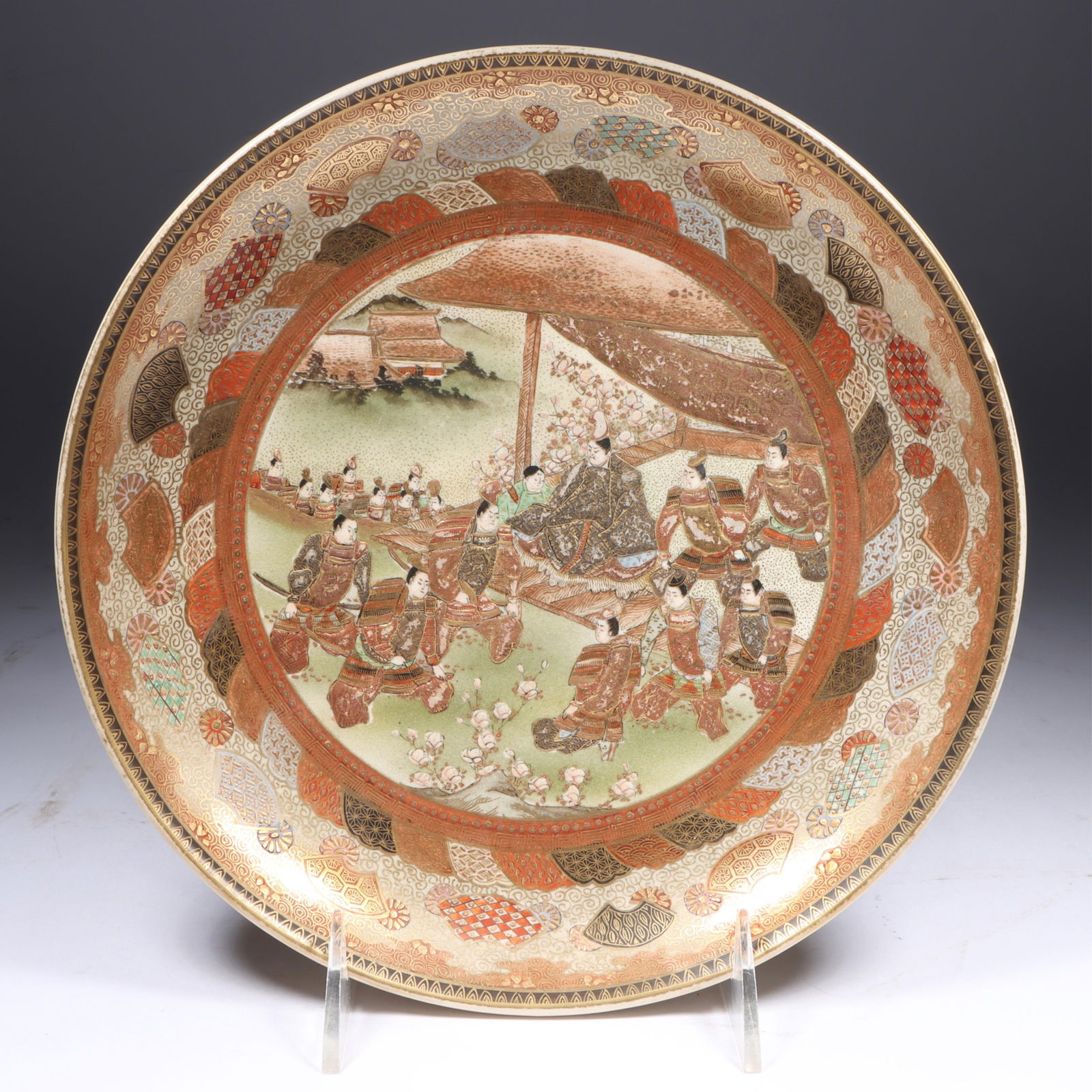 Japanese Meiji Satsuma earthenware plate with many figures, Samurai and noble scene. 1 1/4"H x 8 (1 of 15)
