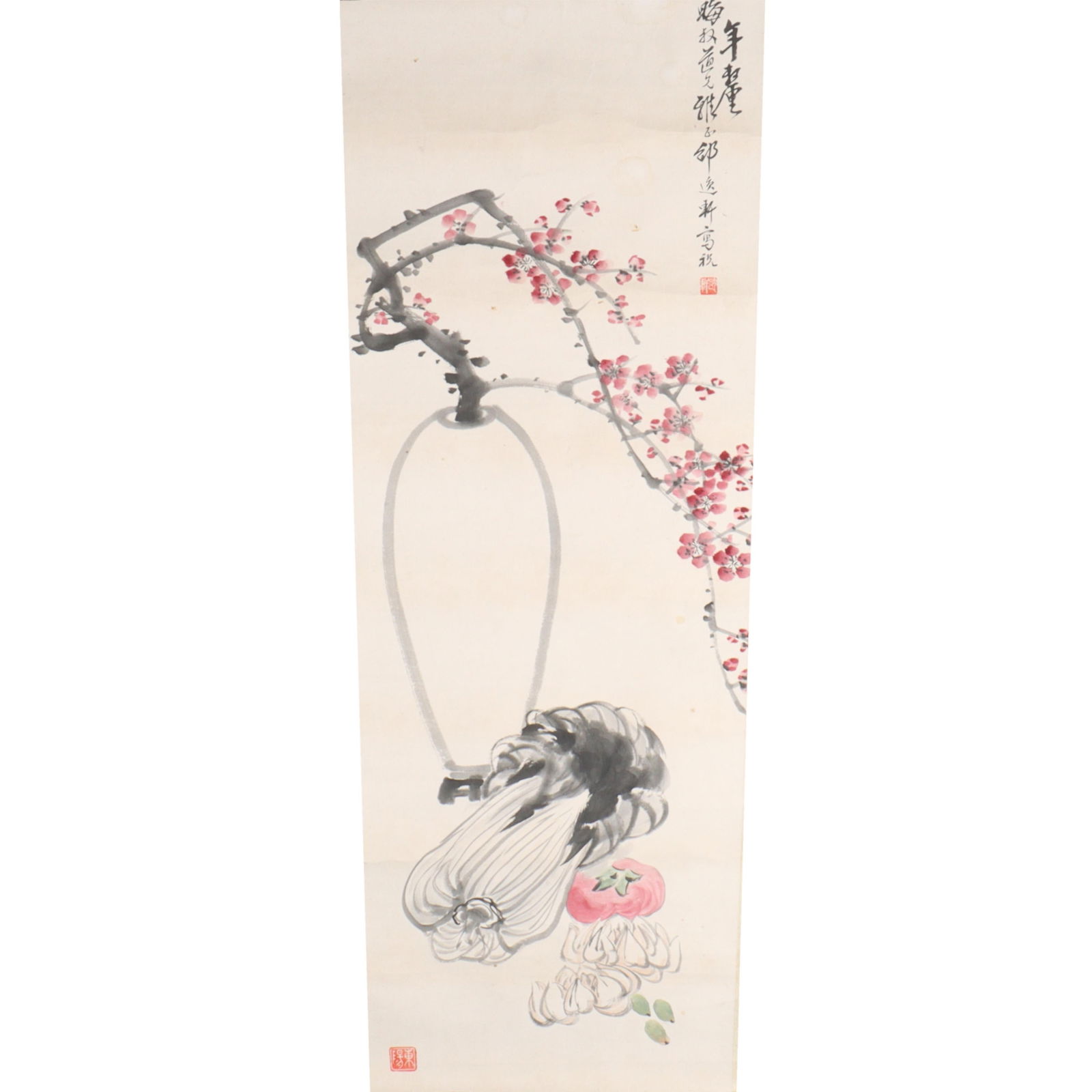Japanese antique handpainted watercolor and ink scroll; plum blossoms in a vase with vegetables. 62 (1 of 19)