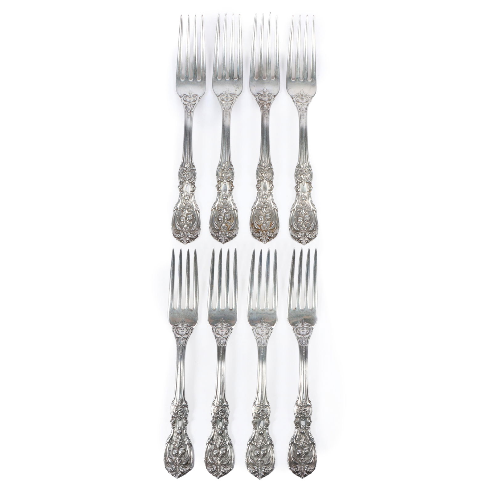 Reed & Barton Francis I pattern sterling silver flatware: set of 8 table forks, 15.916ozt. 7 (1 of 10)