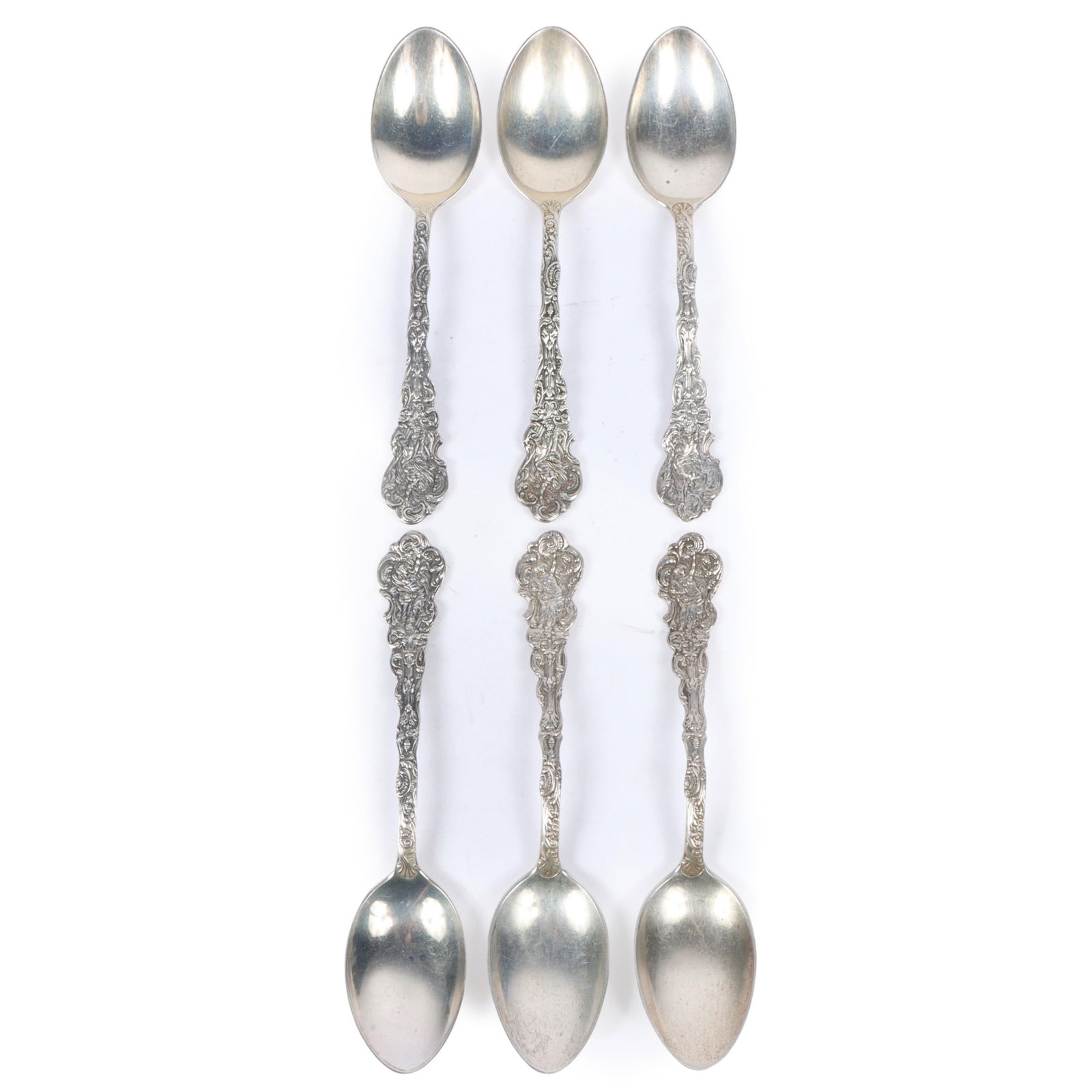 Set of 6 Gorham Mythologique pattern sterling silver flatware table spoons, 10.129ozt. 7 1/4"H x 1 (1 of 10)