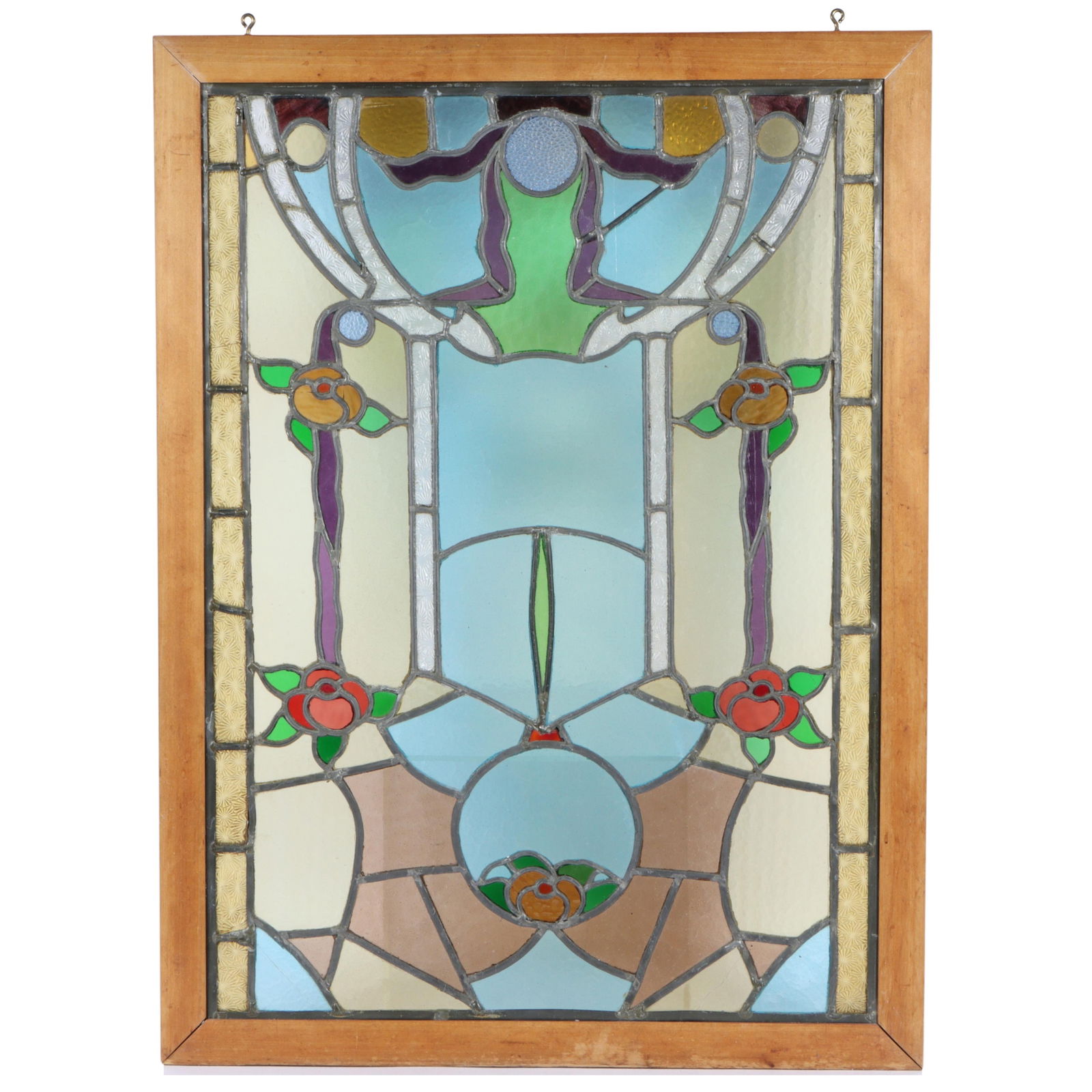 Antique Art Nouveau / Arts & Crafts leaded stained glass window with floral motif 30 1/4"H x 21 (1 of 16)