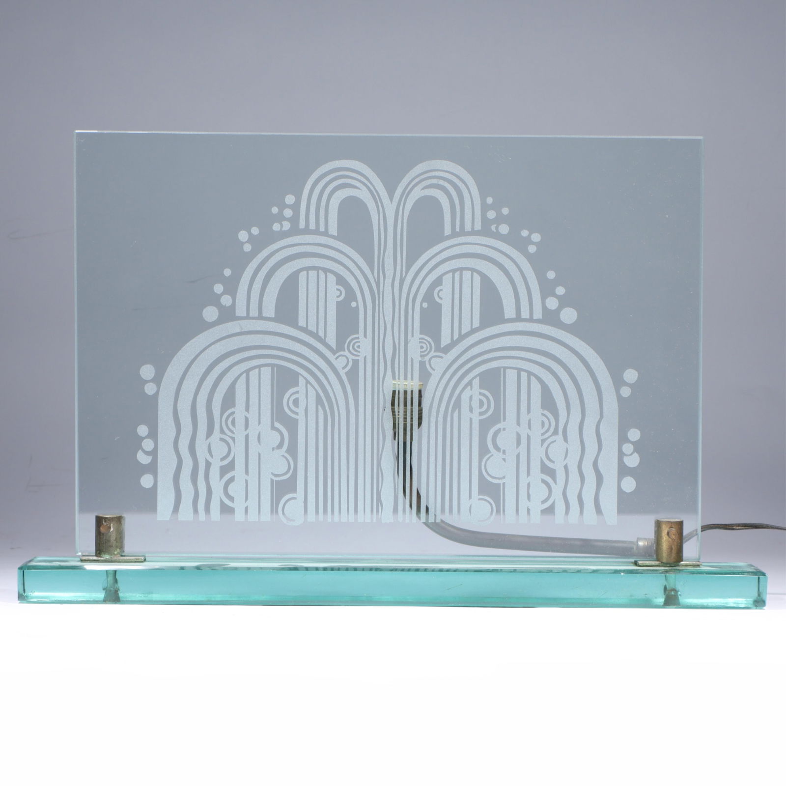 Art Deco acid etched leaded glass panel lamp with stylized fountain motif. 11"H x 17 1/2"W x 3"D (1 of 16)