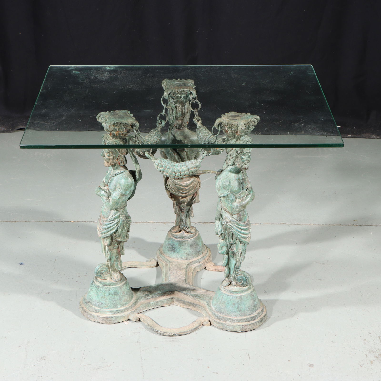 Vintage bronze Greco-Roman style Neoclassical caryatid garden side table stand with glass top. 17 (1 of 12)