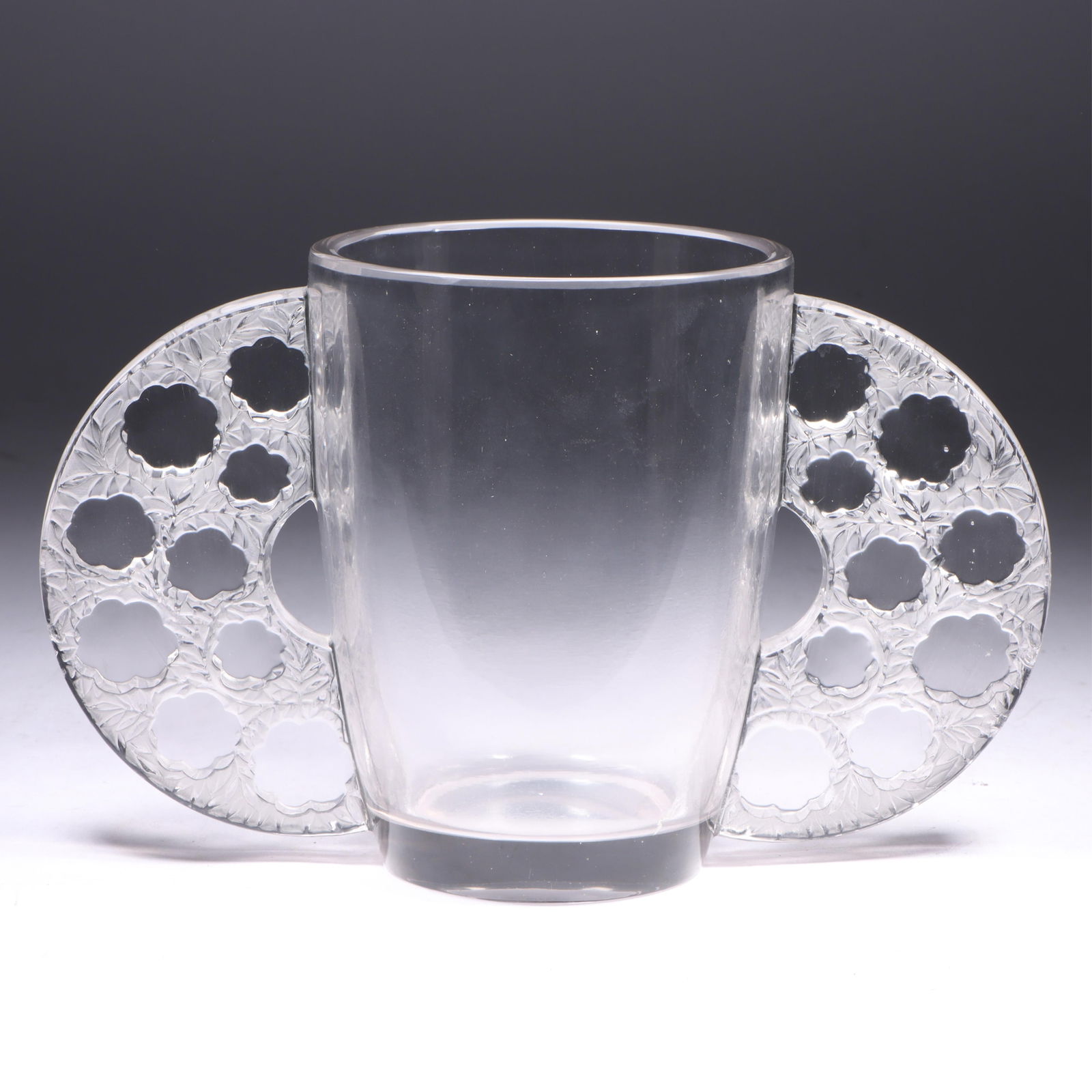 Rene Lalique France Caudebec glass vase with handles, 1929 5 3/4"H x 9"W: Rene Lalique France Caudebec glass vase with handles, 1929 5 3/4"H x 9"W