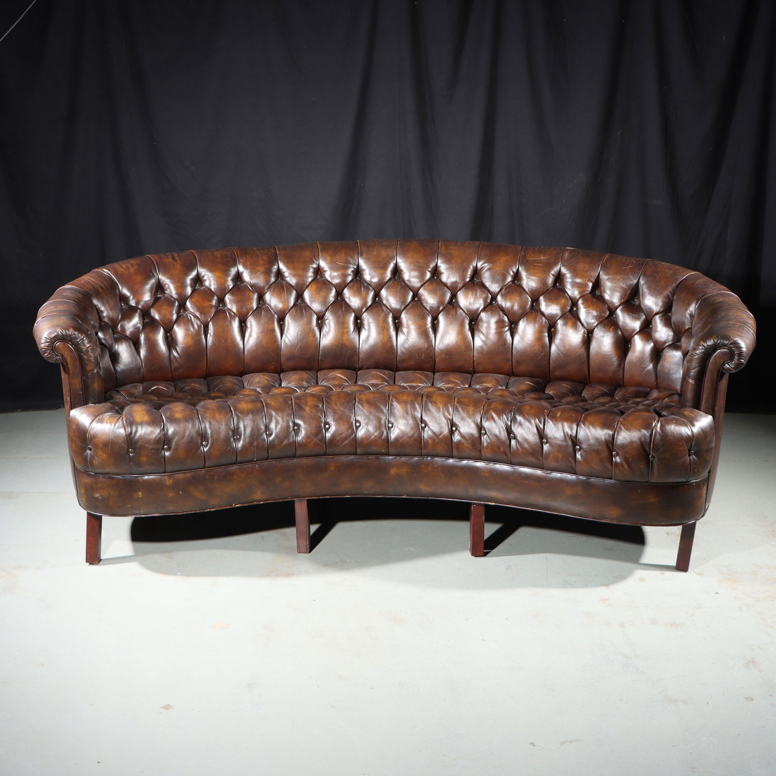 Curved Chesterfield tufted brown leather kidney bean couch / sofa 35"H x 89"W (1 of 19)