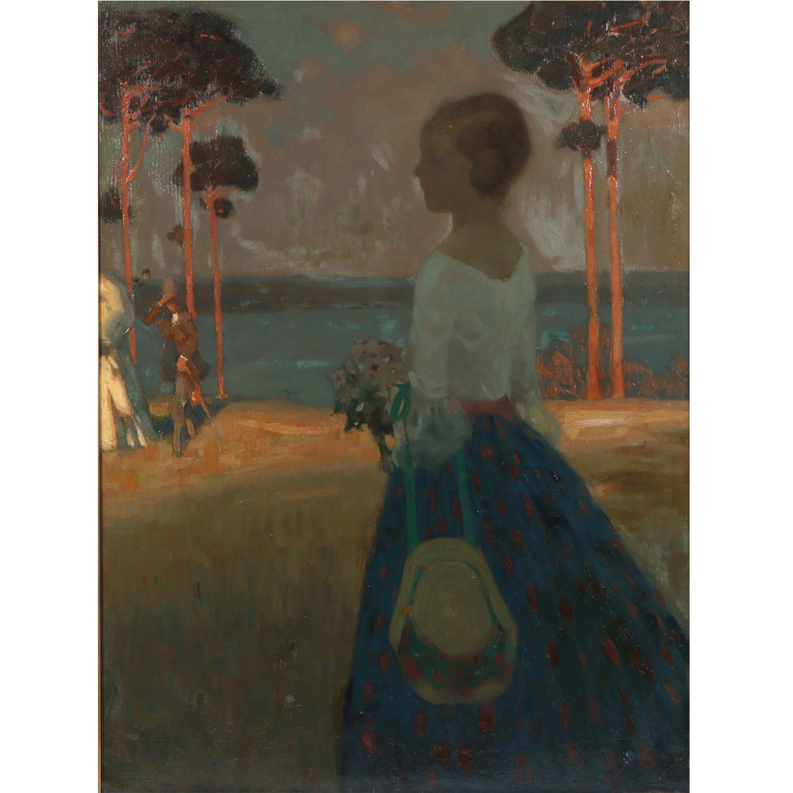 A promenade by the lake; French Impressionist painting of a girl holding a bouquet of flowers and: A promenade by the lake; French Impressionist painting of a girl holding a bouquet of flowers and hat, artist ca. late 19th / early 20th Century / dated 1896. Provenance: On the back of the canvas, in
