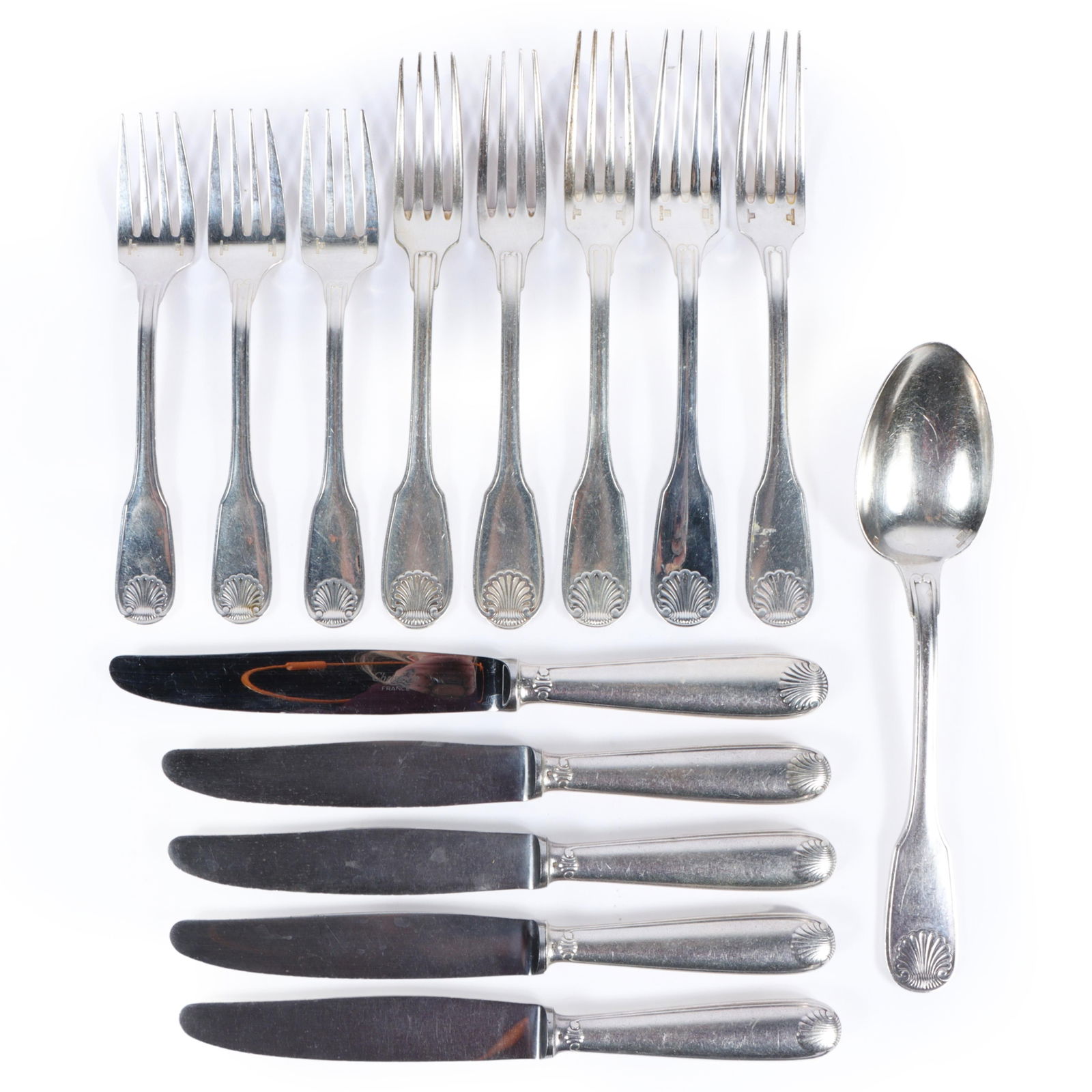 Christofle France Vendome Arcantia pattern shell motif silverplated flatware, 14pc. 8"H x 1 (1 of 12)