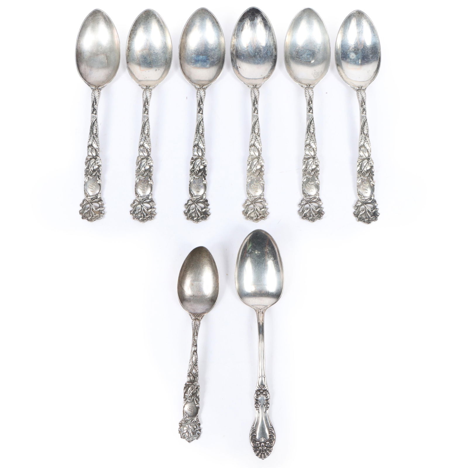 Alvin Bridal Rose pattern sterling silver flatware set of 7 table spoons, 15.273ozt., along with one (1 of 9)