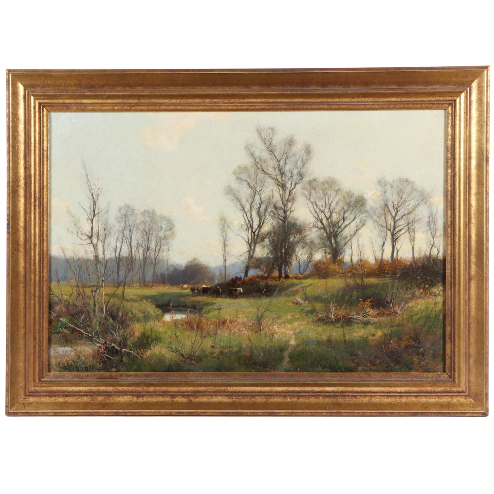 Hugh Bolton Jones, American (1848 - 1927), pastoral landscape with creek and cattle, oil on canvas, (1 of 11)