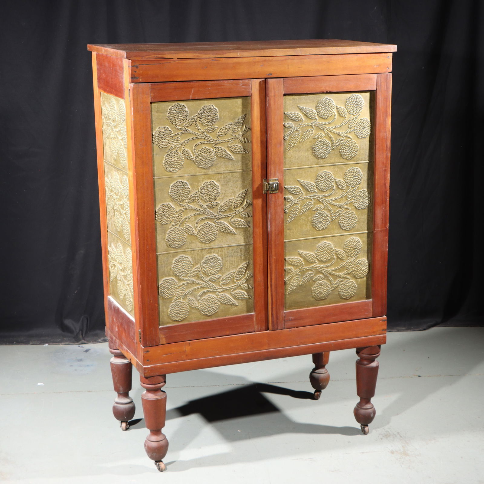 Antique American primitive pie safe with unusual floral punched tin panels, and turned feet. 53 (1 of 17)