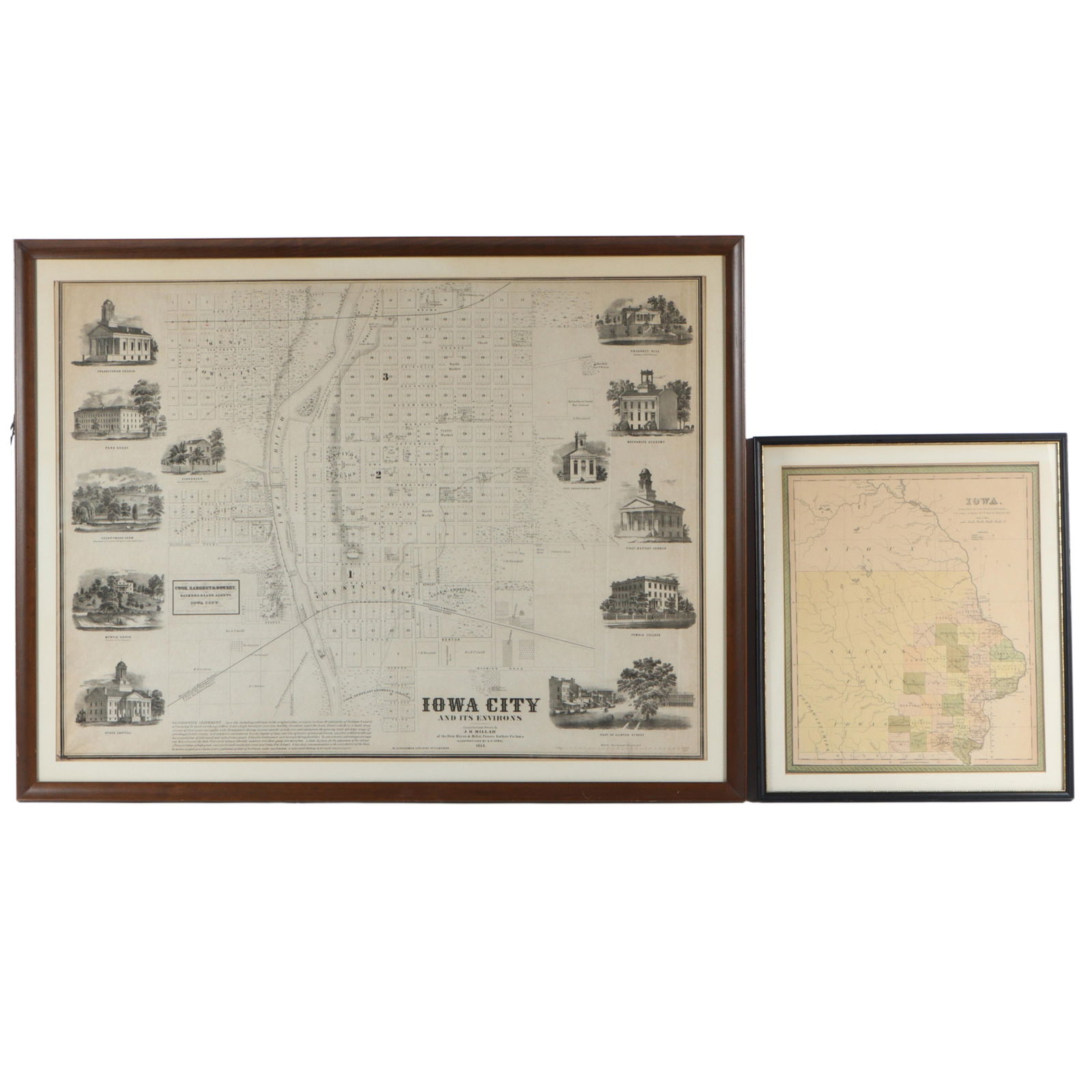 Two antique Framed maps of Iowa: 1854 promotional wall map of Iowa City and its Environs produced by (1 of 13)