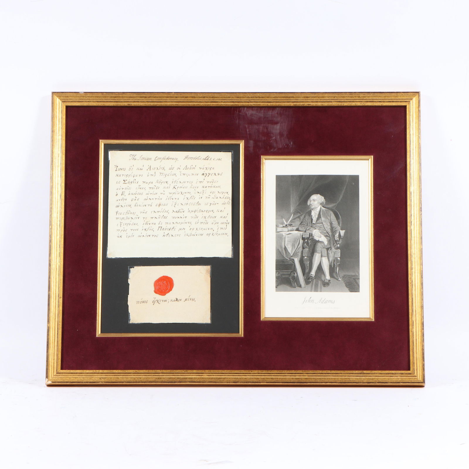 John Adams historical document written by Adams in Greek on the Ionian Confederacy. 12 1/4?H x 8 (1 of 6)