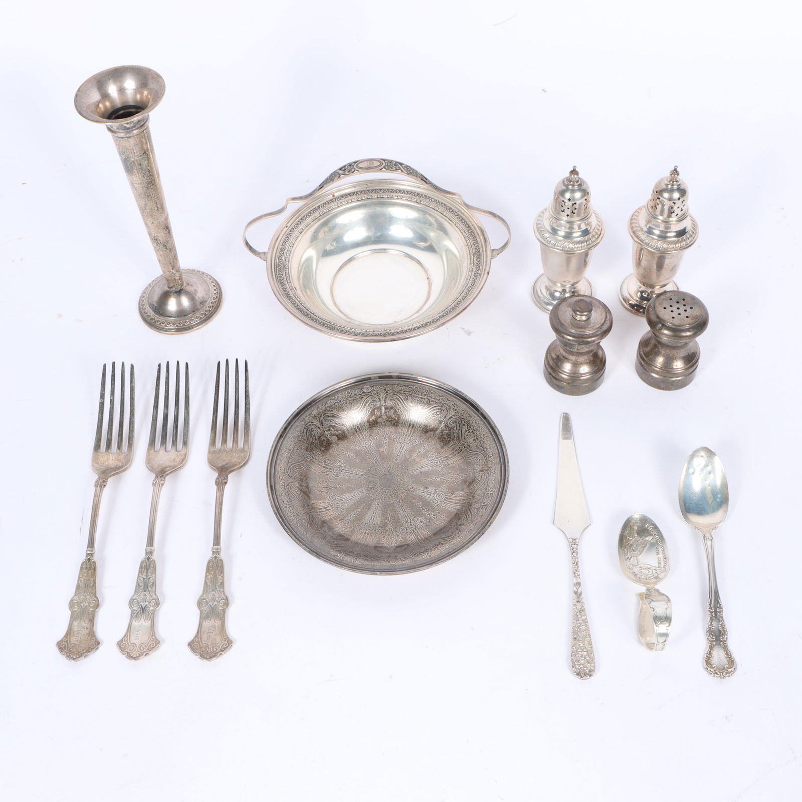 Sterling silver hollowware and flatware, 13pc, 15.595 ozt. weighable. 7"H x 2 1/4"Diam. (vase (1 of 19)