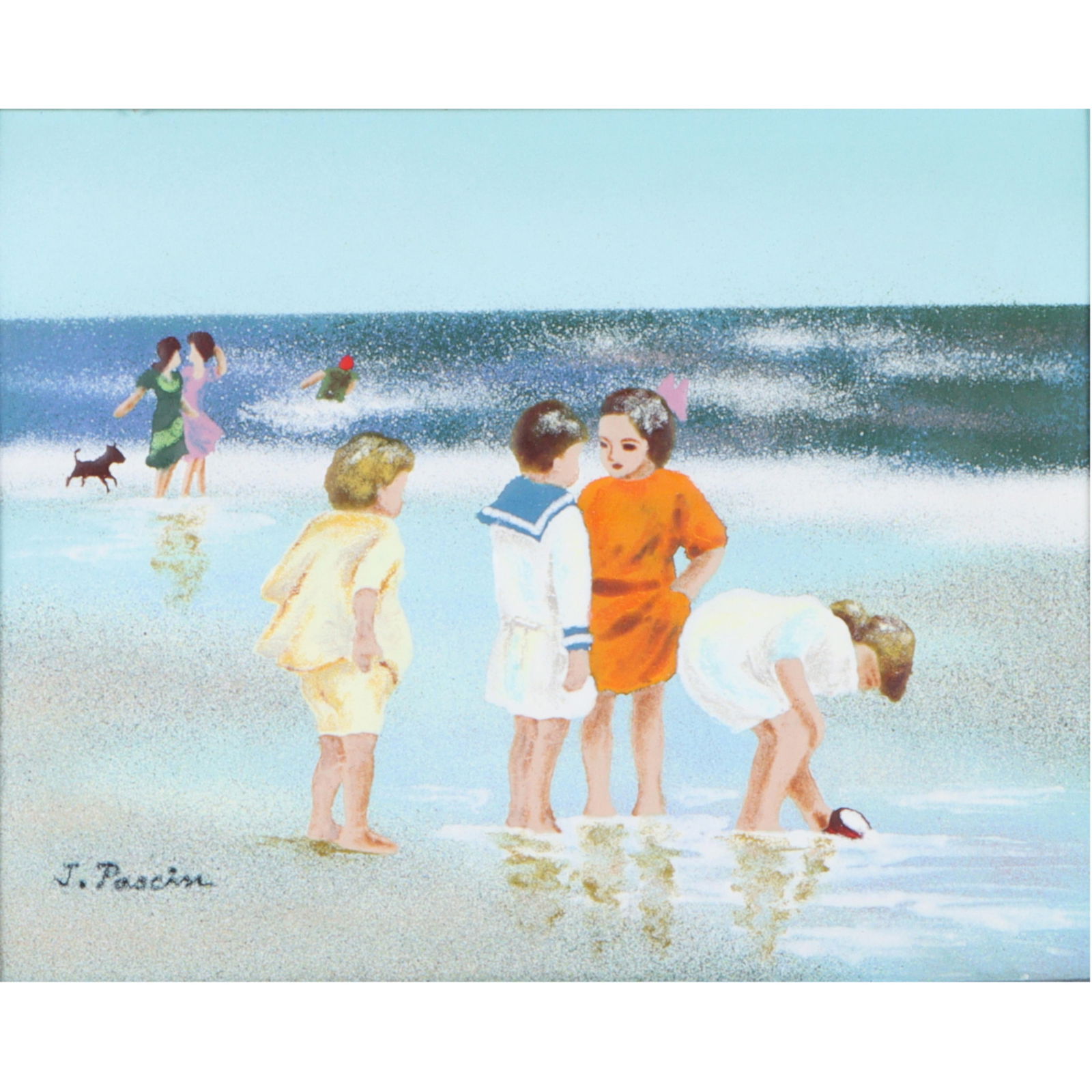 After Jules Pascin, New York / France, Bulgaria (1885 - 1930), Shore scene with children, women, and: After Jules Pascin New York / France, Bulgaria (1885 - 1930) Shore scene with children, women, and dog enamel on copper signed lower left. Biography from the Archives of askART: Born in Widdin, Bulgar