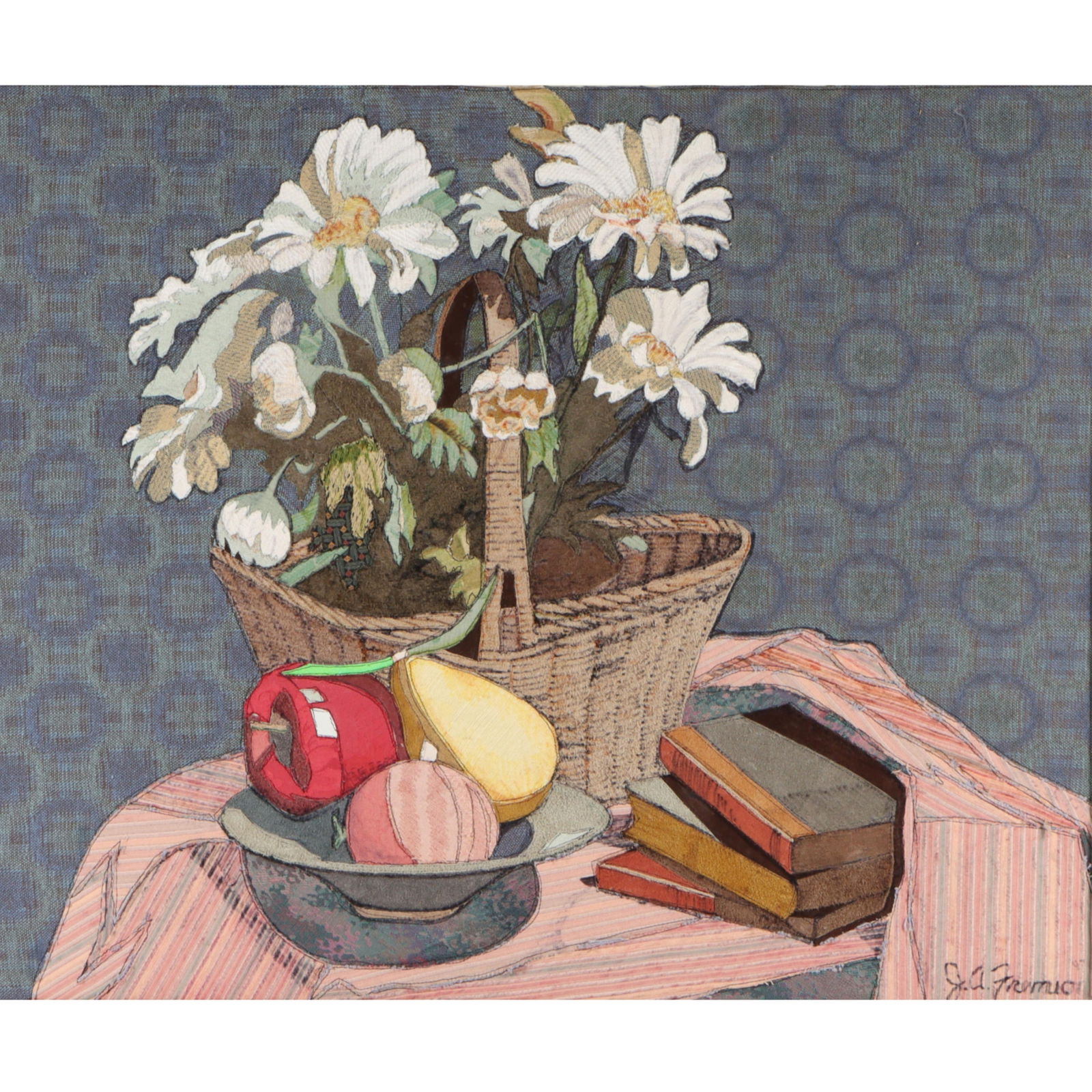 Joel Fremion, Indiana (b.1952), Floral still life with daisies in a basket, fruit, and books,: Joel Fremion Indiana (b.1952) Floral still life with daisies in a basket, fruit, and books textile painting, mixed media fabric collage signed lower right. From Fort Wayne, Indiana, Joel Fremion creat